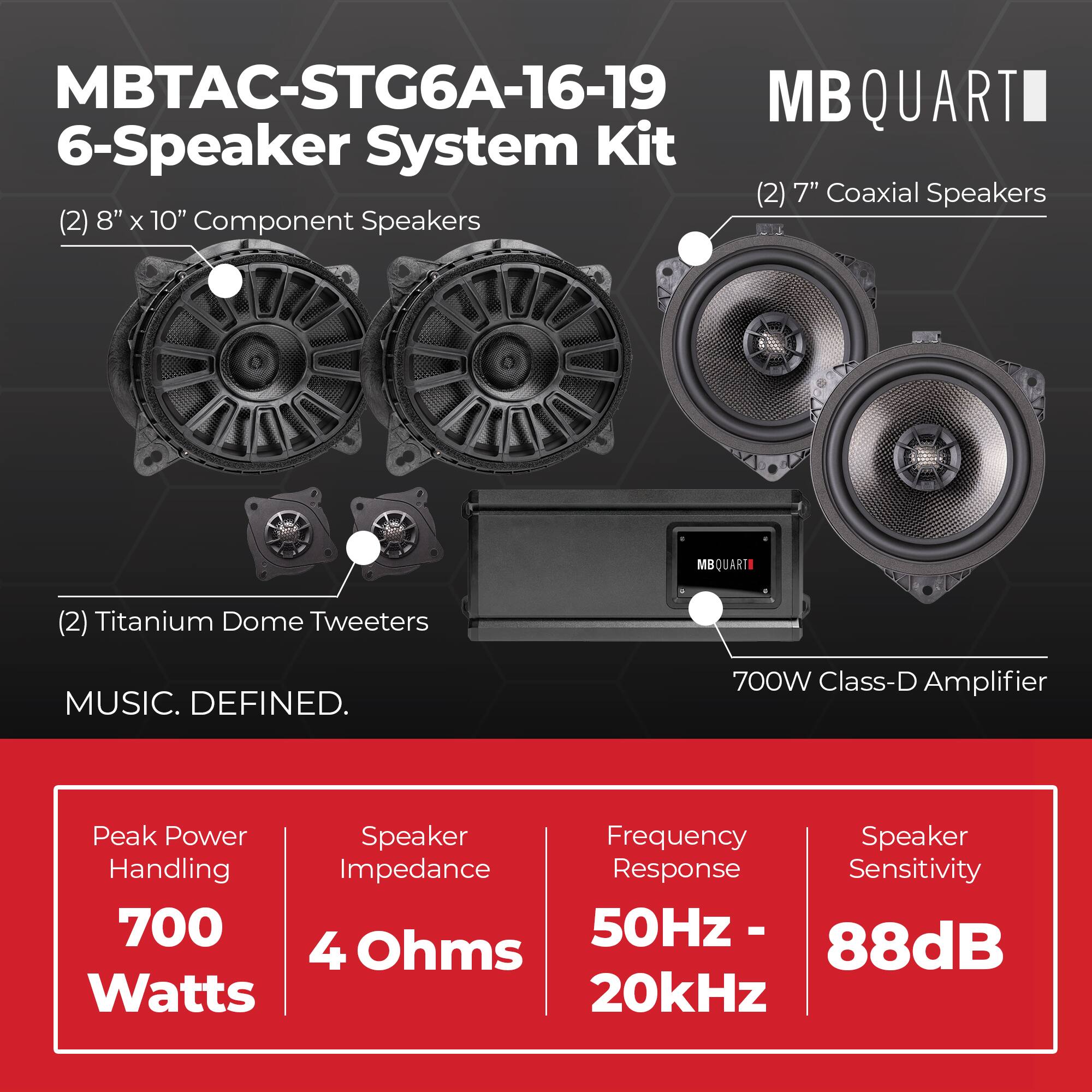 MBTAC-STG6A-16-19 MB QUART 6-Speaker System Kit  
(2) 7" Coaxial Speakers  
(2) 8" x 10" Component Speakers  
(2) Titanium Dome Tweeters  
700W Class-D Amplifier  

Peak Power Handling: 700 Watts  
Speaker Impedance: 4 Ohms  
Frequency Response: 50Hz - 20kHz  
Speaker Sensitivity: 88dB