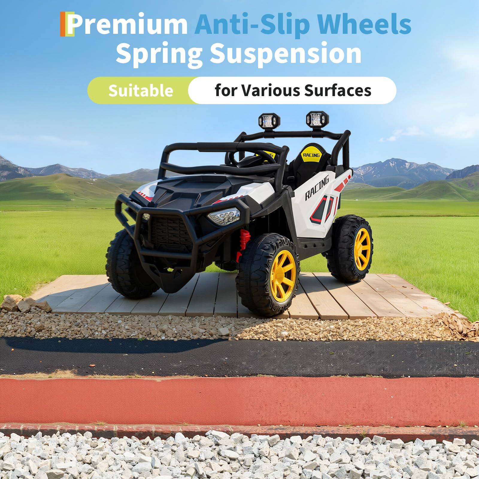 Premium Anti-Slip Wheels  
Spring Suspension  
Suitable for Various Surfaces