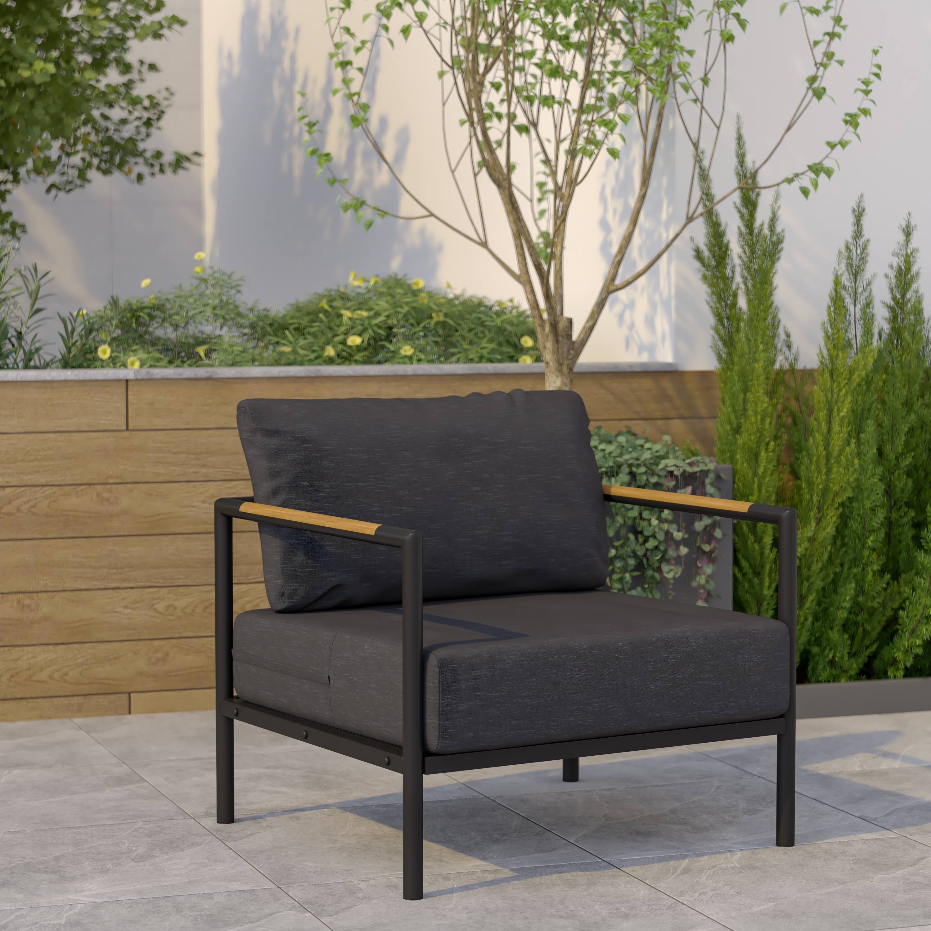 Alt View 1. Emma + Oliver - Aluminum Frame Patio Chair with Teak Arm Accents and Plush Cushions - Charcoal.