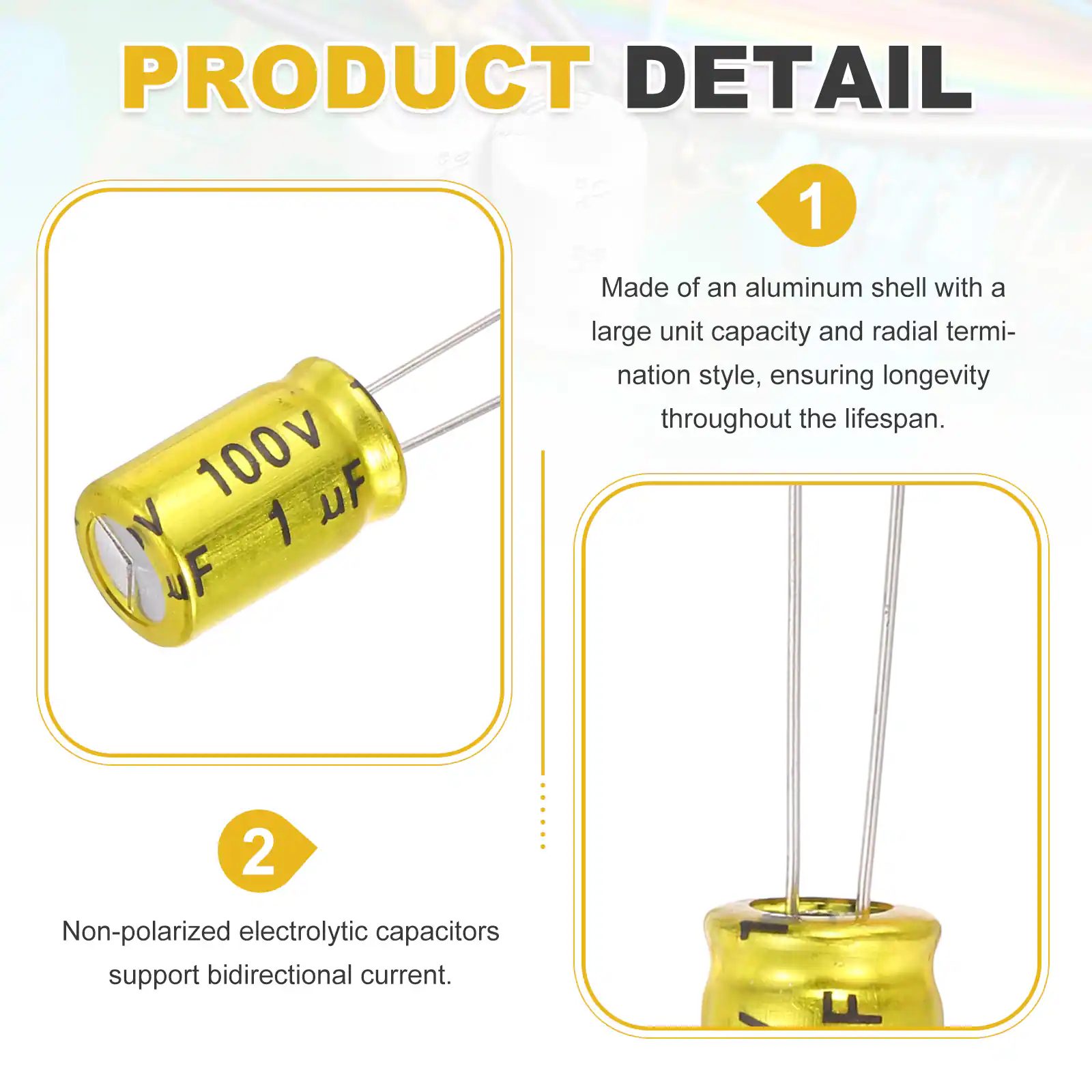PRODUCT DETAIL

BSY 01 15TC 10 1 ASTC

Made of an aluminum shell with a large unit capacity and radial termination style, ensuring longevity throughout the lifespan.

100V 1 µF

Non-polarized electrolytic capacitors support bidirectional current.