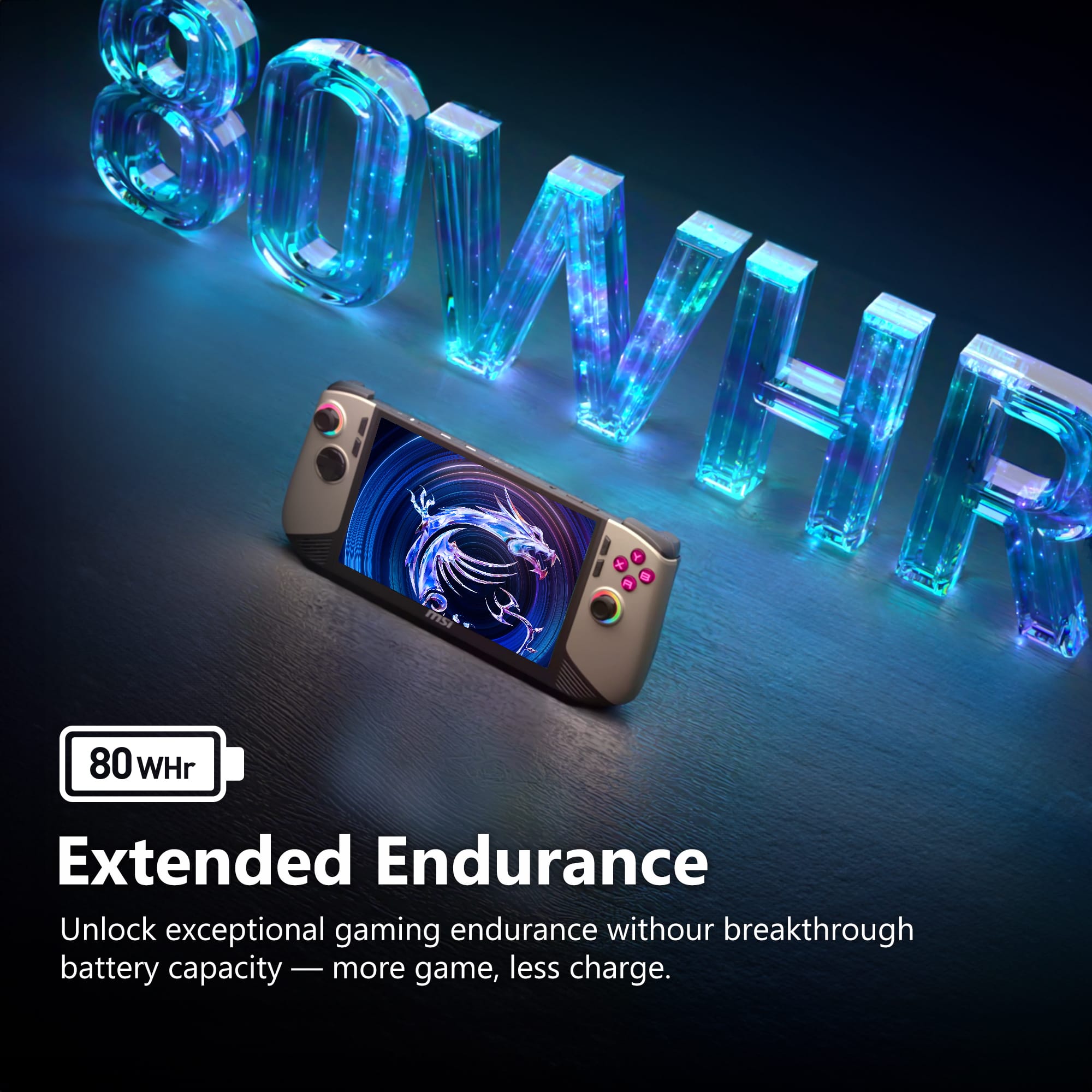 The text on the image is grouped and corrected as follows:
"80 WHr Extended Endurance: Unlock exceptional gaming endurance with our breakthrough battery capacity - more game, less charge."