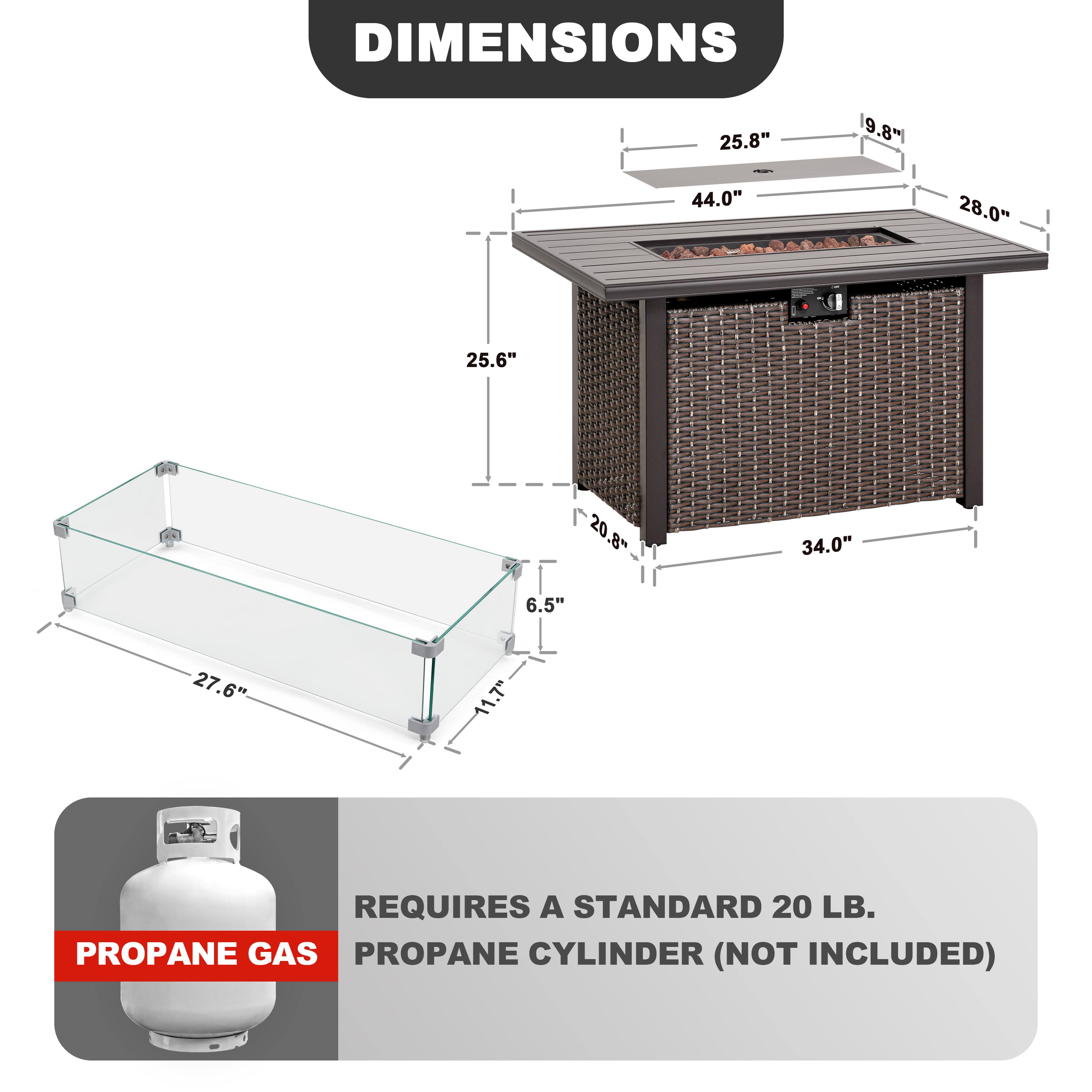 DIMENSIONS  
25.8" x 19.8" x 44.0"  
28.0"  
25.6"  
20.8" x 6.5"  
34.0"  
27.6"  
11.7"  

REQUIRES A STANDARD 20 LB. PROPANE GAS PROPANE CYLINDER (NOT INCLUDED)