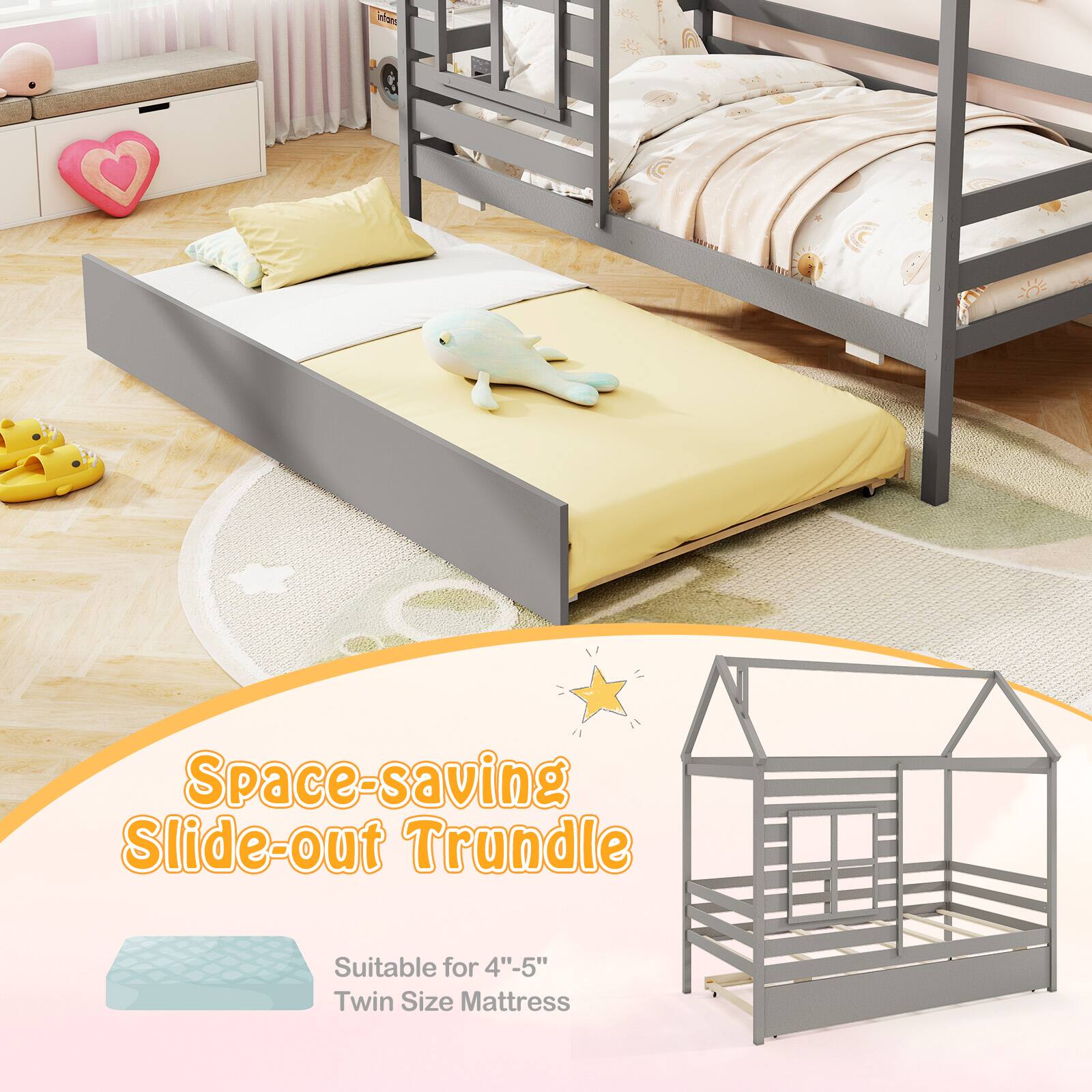 Space-saving Slide-out Trundle
Suitable for 4"-5" Twin Size Mattress