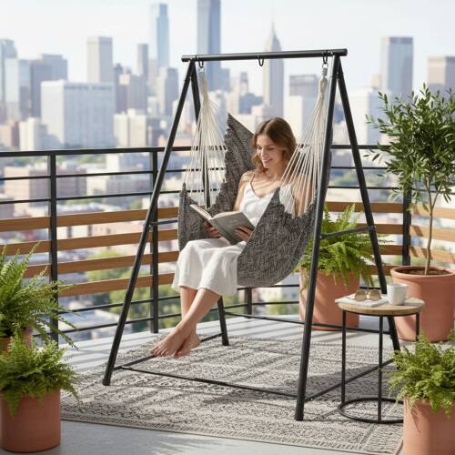 Alt View 5. Winado - Hammock Chair with Stand, Cushion Set, Heavy Duty A-Frame Metal Swing Stand for Indoor Outdoor Garden Yard Porch Paito - Black Frame.