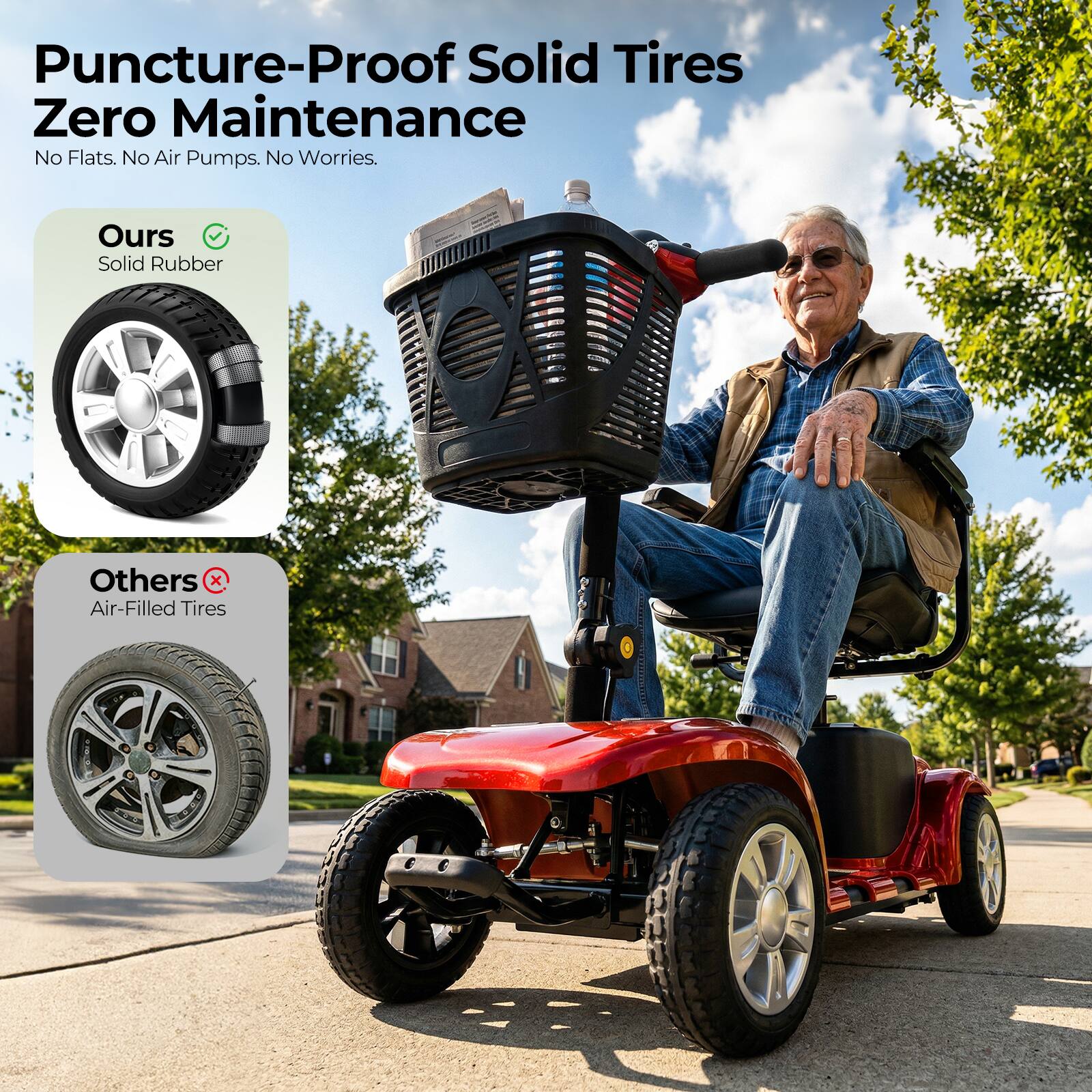 Puncture-Proof Solid Tires  
Zero Maintenance  
No Flats. No Air Pumps. No Worries.  

Ours  
Solid Rubber  

Others  
Air-Filled Tires