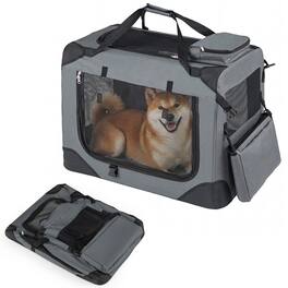 WELLFOR - 28" Portable Collapsible Dog Crate with Mesh Windows and 3 Doors, Travel Pet Crate for Indoor Outdoor - Gray