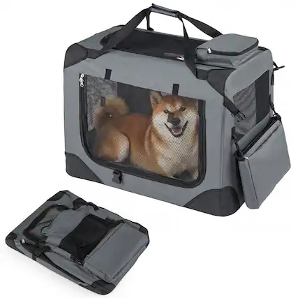 Front. WELLFOR - 28" Portable Collapsible Dog Crate with Mesh Windows and 3 Doors, Travel Pet Crate for Indoor Outdoor - Gray.