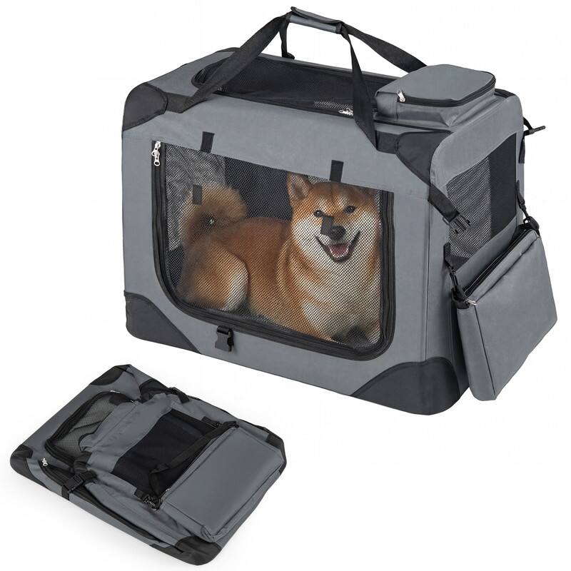Front. WELLFOR - 28" Portable Collapsible Dog Crate with Mesh Windows and 3 Doors,  Travel Pet Crate for Indoor Outdoor - Gray.