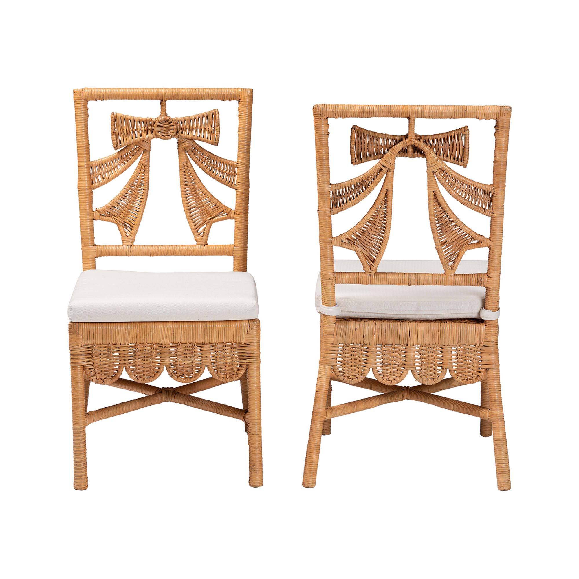 Angle. bali & pari - Abia Natural Rattan 2-Piece Dining Chair Set - Handwoven Wicker Accent Side Chair with Bow and Ribbon Design - Light Honey.