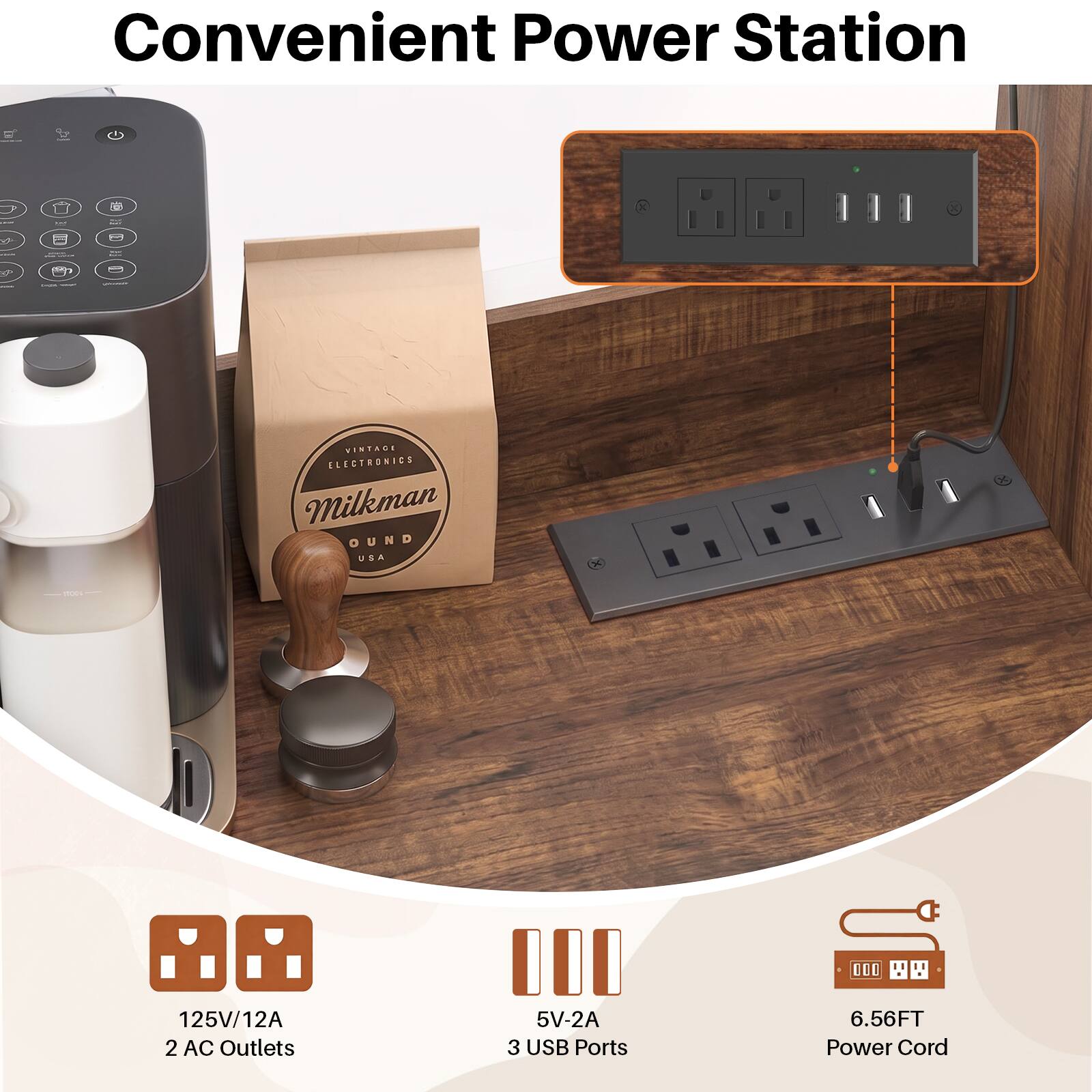 Convenient Power Station

VINTAGE ELECTRONICS Milkman GROUND USA

125V/12A 2 AC Outlets
5V-2A 3 USB Ports
6.56FT Power Cord
