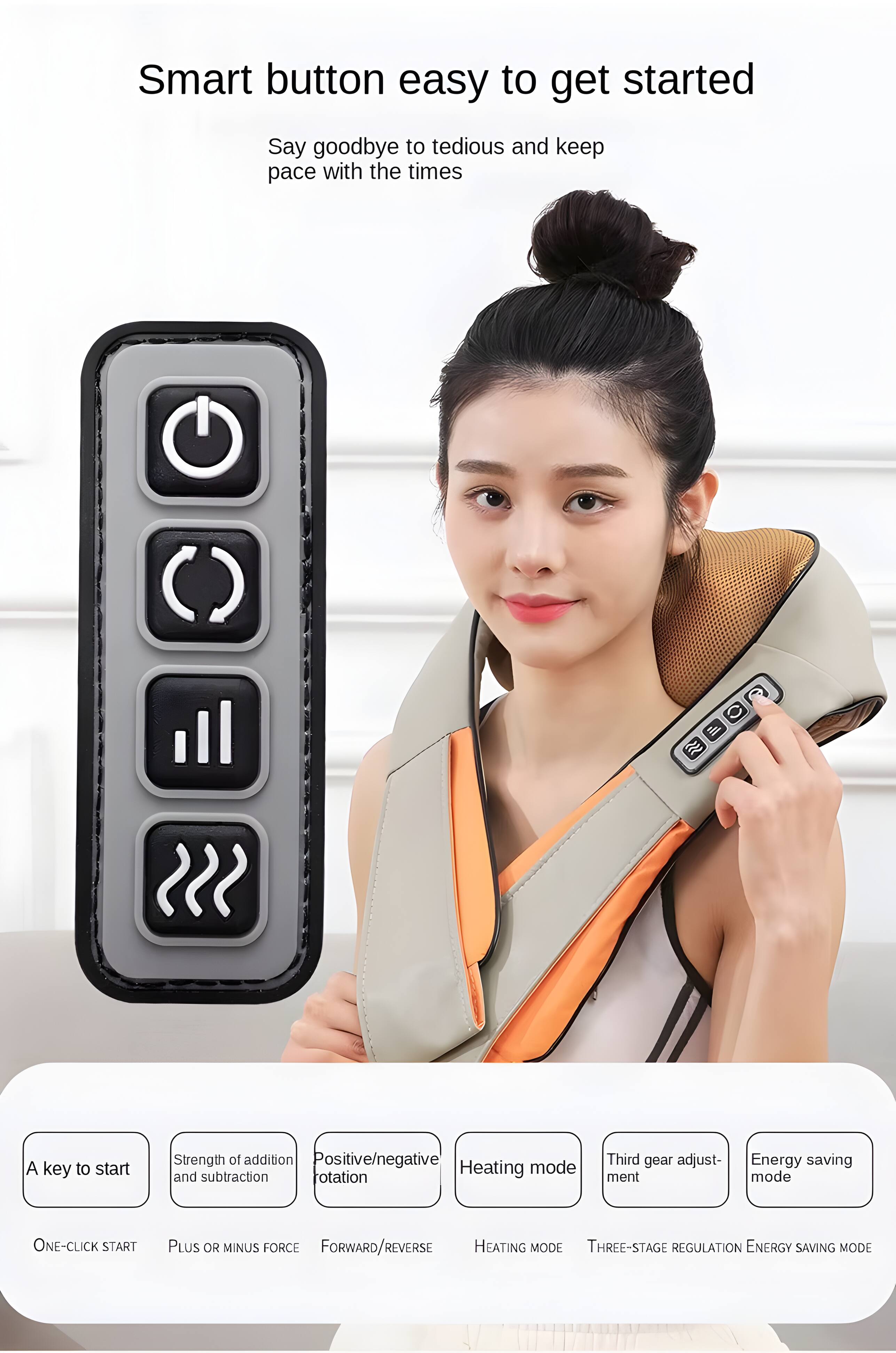Smart button easy to get started  
Say goodbye to tedious and keep pace with the times  

- A key to start  
  ONE-CLICK START  

- Strength of addition and subtraction  
  PLUS OR MINUS FORCE  

- Positive/negative rotation  
  FORWARD/REVERSE  

- Heating mode  
  HEATING MODE  

- Third gear adjustment  
  THREE-STAGE REGULATION  

- Energy saving mode  
  ENERGY SAVING MODE