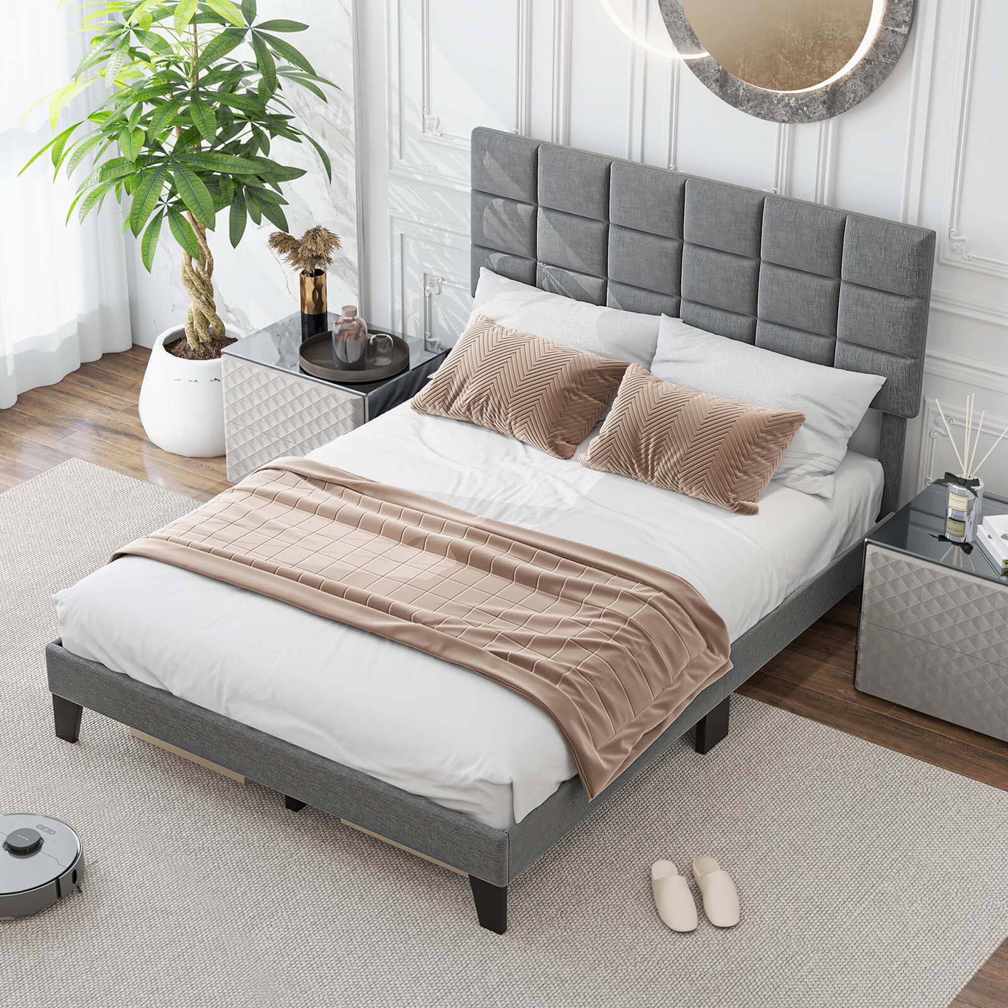 Angle. Costway - Queen Size Bed Frame Modern Linen Fabric Upholstered Platform Bed with Headboard - Gray.