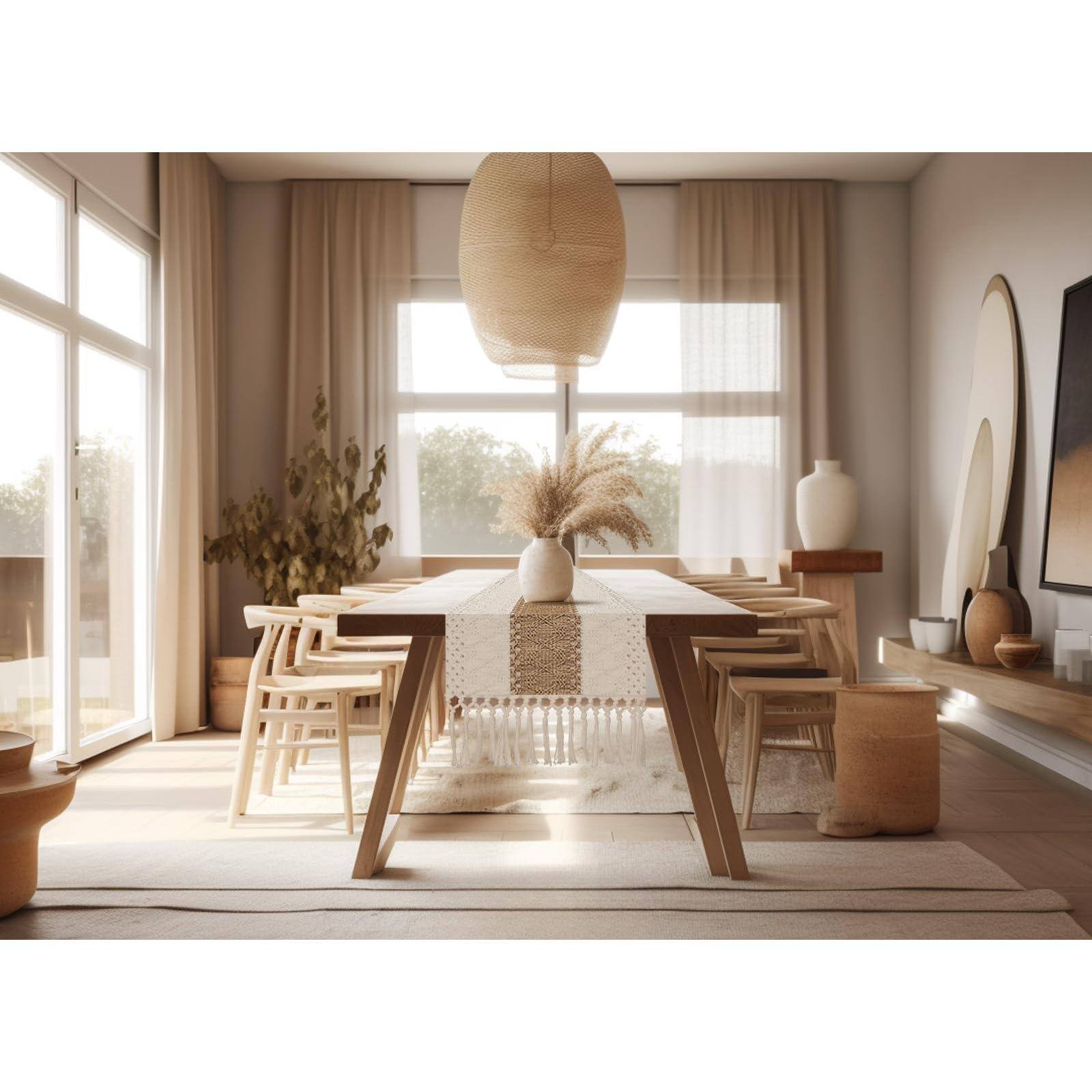 Alt View 7. Paradigms Interiors - Boho Table Runner For Fall Thanksgiving Home Decor With Tassels Long Pottery Barn Furniture Farmhouse Rusti... - White & Brown-12x72".