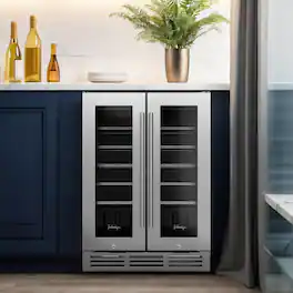 FC Design - 24 Inch French Door Wine Fridge- 42 Bottles Stainless Steel Wine Cooler - Silver