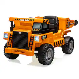 GARVEE - 12V 4WD Kids Ride On Dump Truck, Electric Construction Vehicle w/Remote, Power Dump Bed, Shovel, Lights & Music - Orange