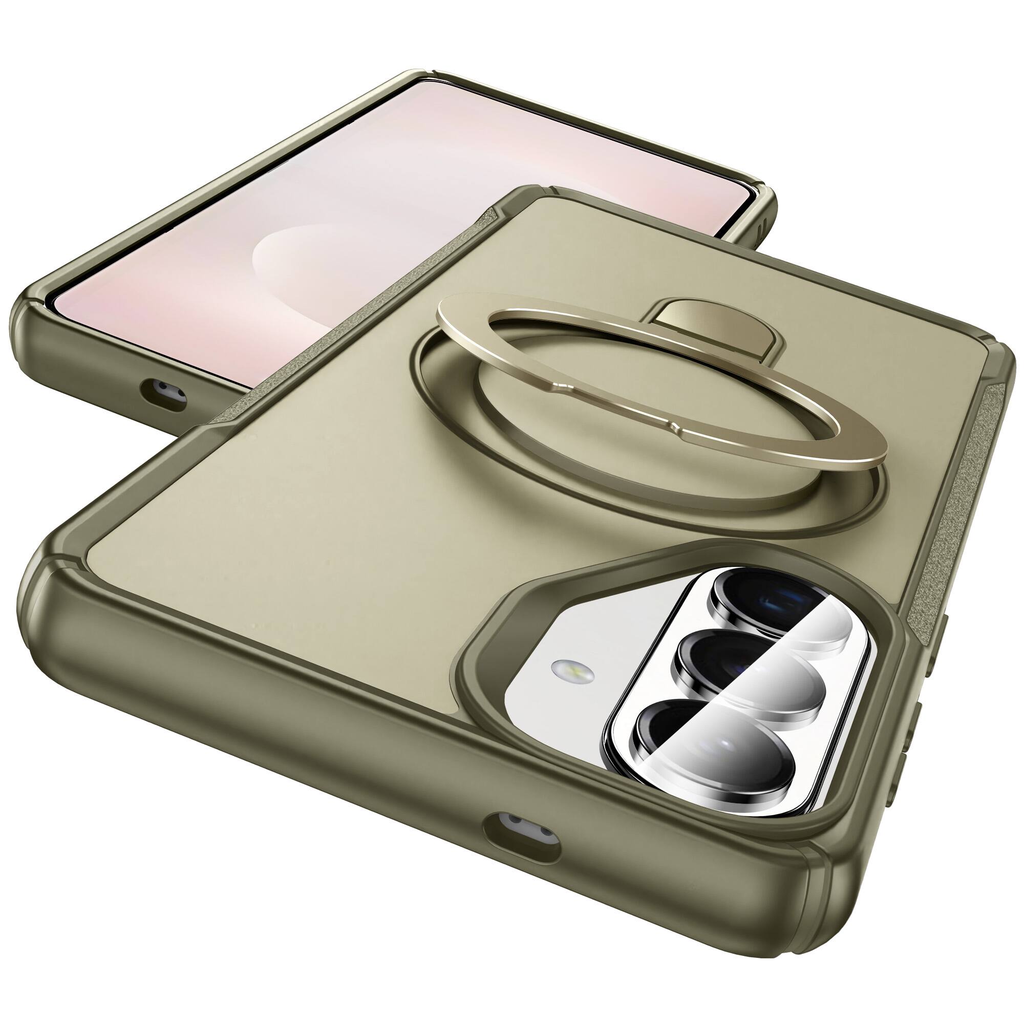 Angle. Dteck - Case For Samsung Galaxy S26+ Slim Magnetic Shockproof Rugged Cover With Adjustable Ring Stand, Mag Safe Compatible - Khaki.