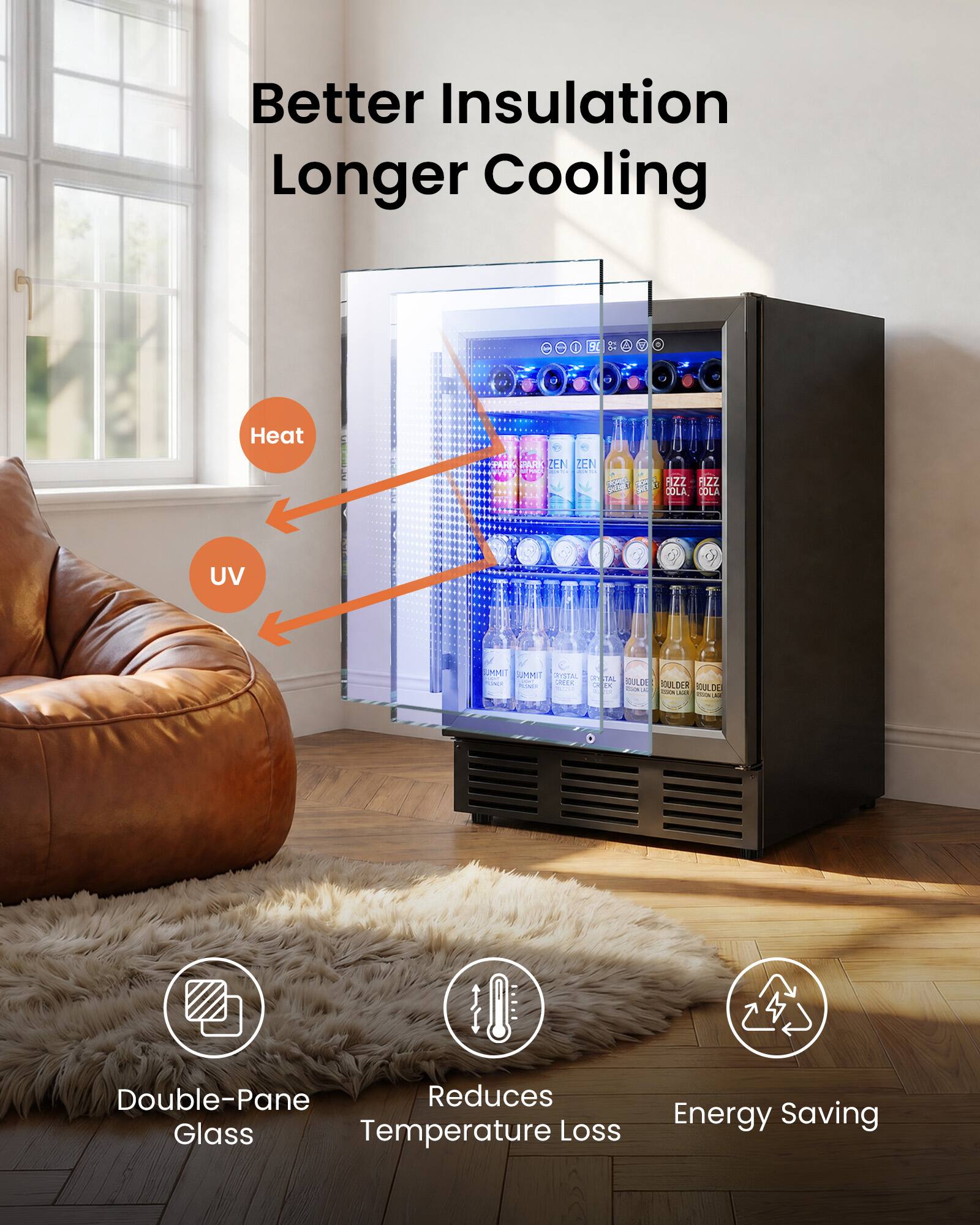 Better Insulation Longer Cooling

Double-Pane Glass Reduces Temperature Loss Energy Saving