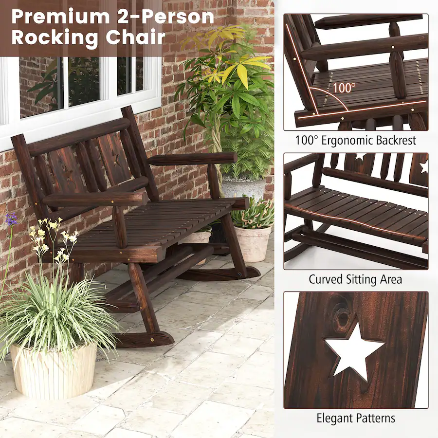 Costway 1 PC Patio Rocking Bench Carbonized Wood Double Rocker Chair ...
