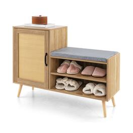 Ecooso - 2-in-1 Shoe Storage Bench Rattan Cabinet with Washable Cushion and Hidden Organizer Shelves - Natural