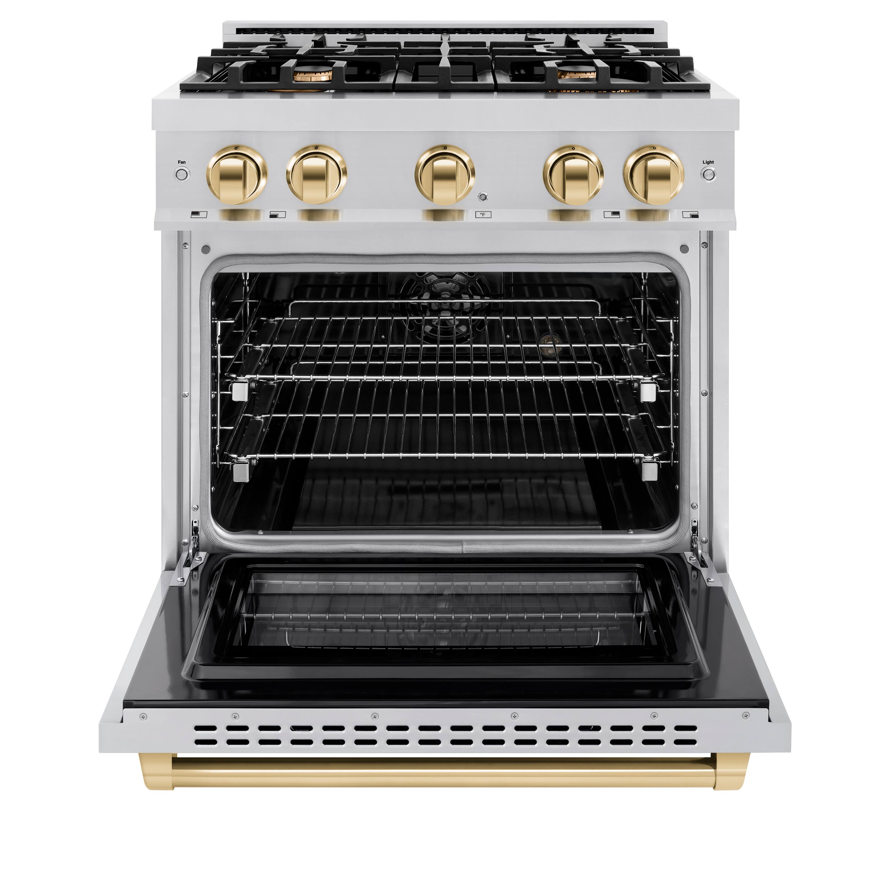 Left. ZLINE - ZLINE Autograph 30" Select Dual Fuel Range w/ 4 Burners & Polished Gold Accents (HDRZ-30-G) - Black.