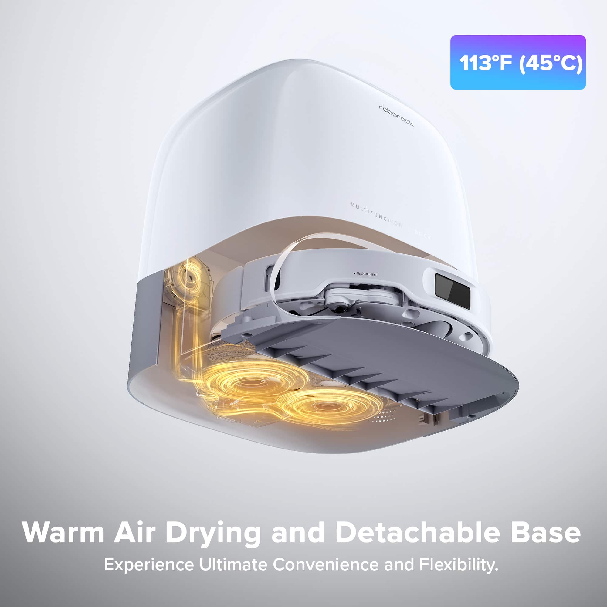 The text on the image reads: "Warm Air Drying and Detachable Base Experience Ultimate Convenience and Flexibility 113F (45C) CAM Multifunctional."