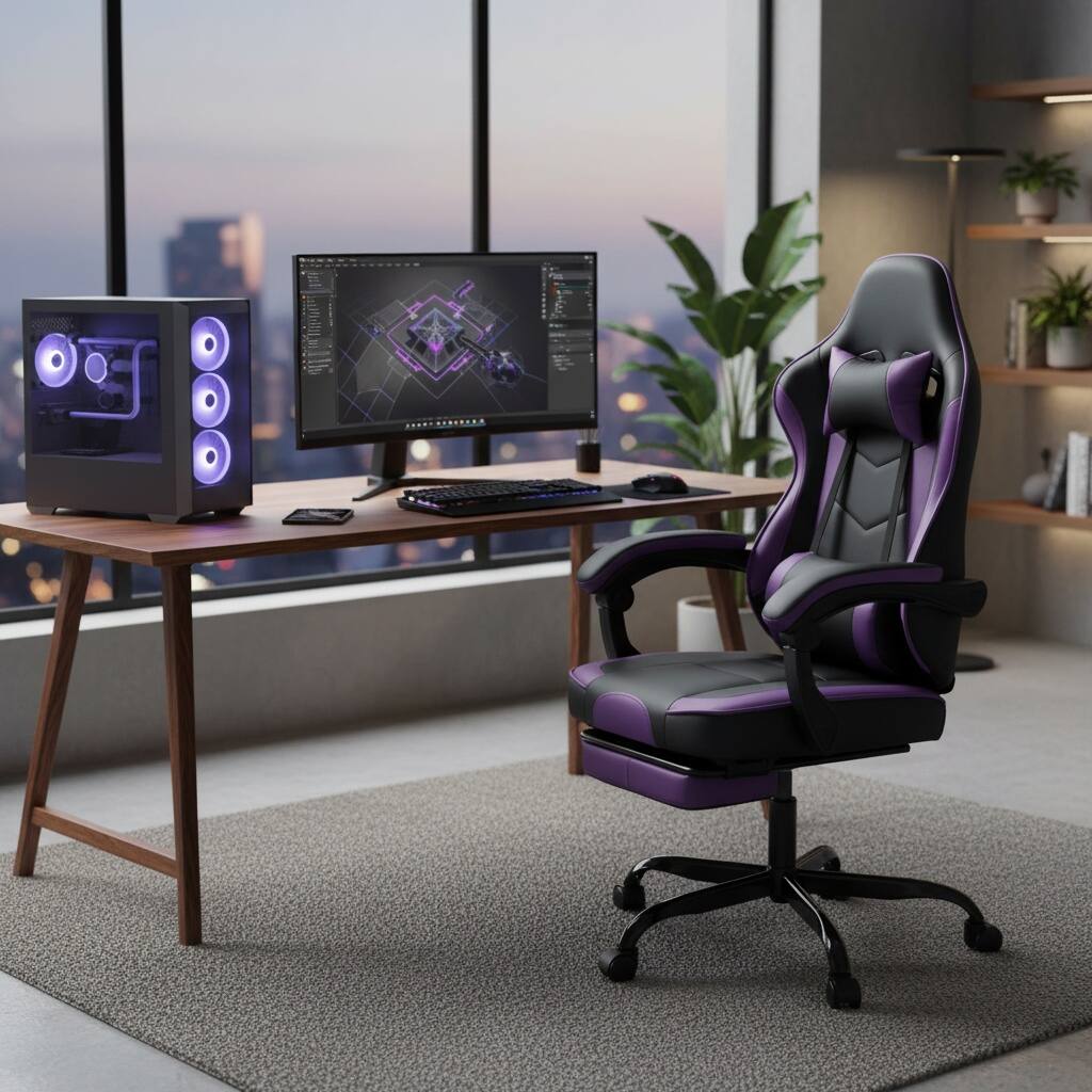 Left. Forest'nSky - Black Purple Gaming Chair with Footrest and Massage Lumbar, Ergonomic Computer Chair for Adults - Purple.