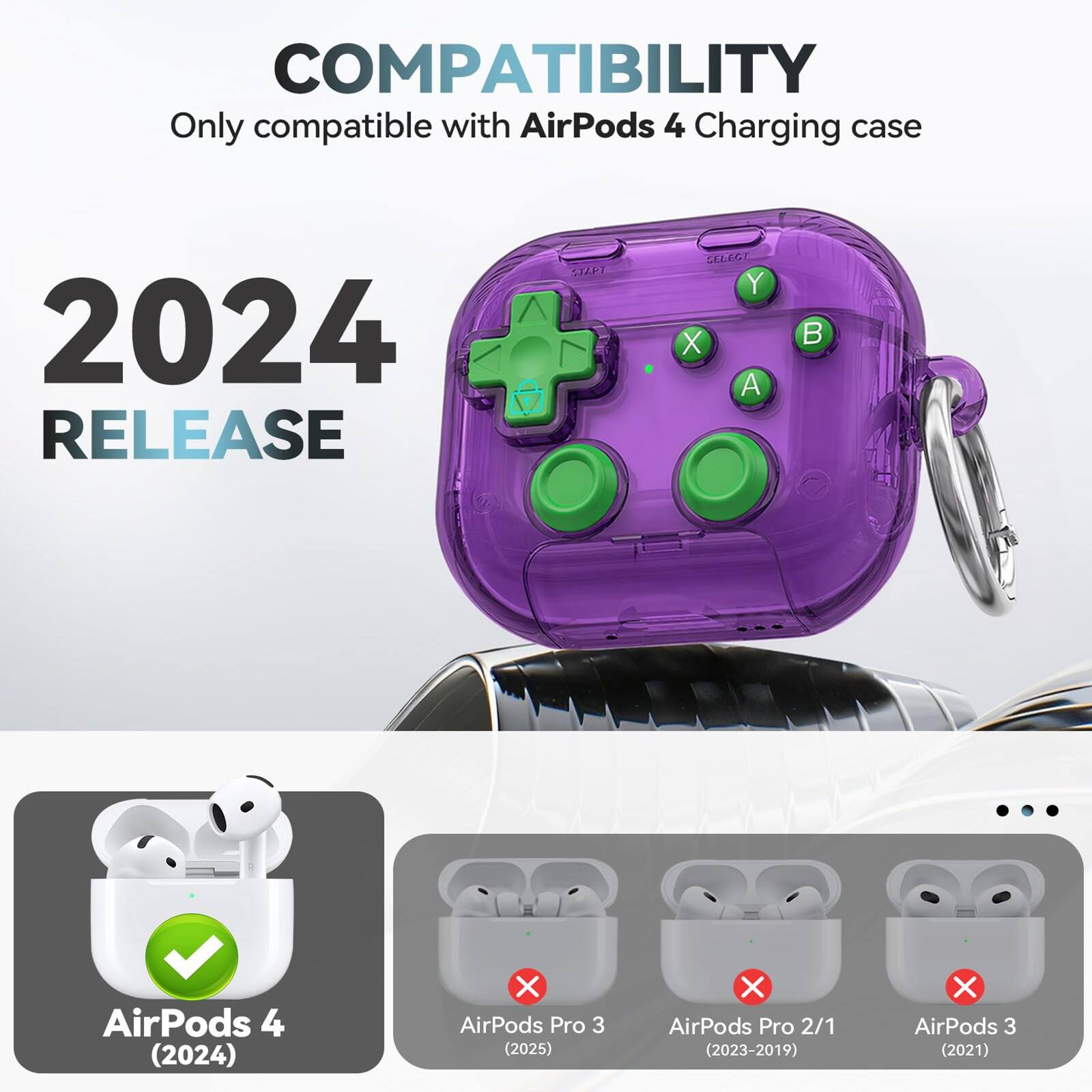 COMPATIBILITY  
Only compatible with AirPods 4 Charging case  

2024 RELEASE  

AirPods 4 (2024) ✓  
AirPods Pro 3 (2025) ✗  
AirPods Pro 2/1 (2023-2019) ✗  
AirPods 3 (2021) ✗