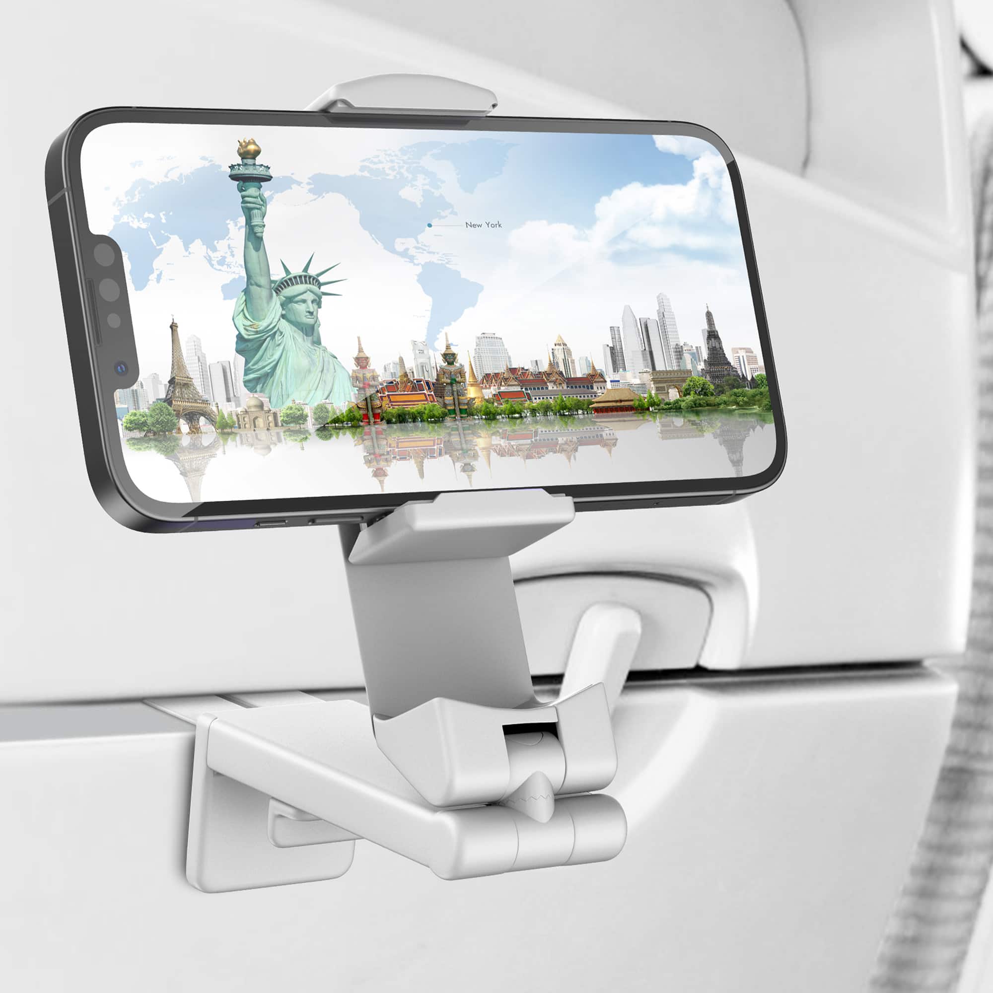 Perilogics - Universal Airplane Travel Phone Holder. Packable Phone Mount for On-the-Go Use. A Practical Holiday Gift for Everyone - White