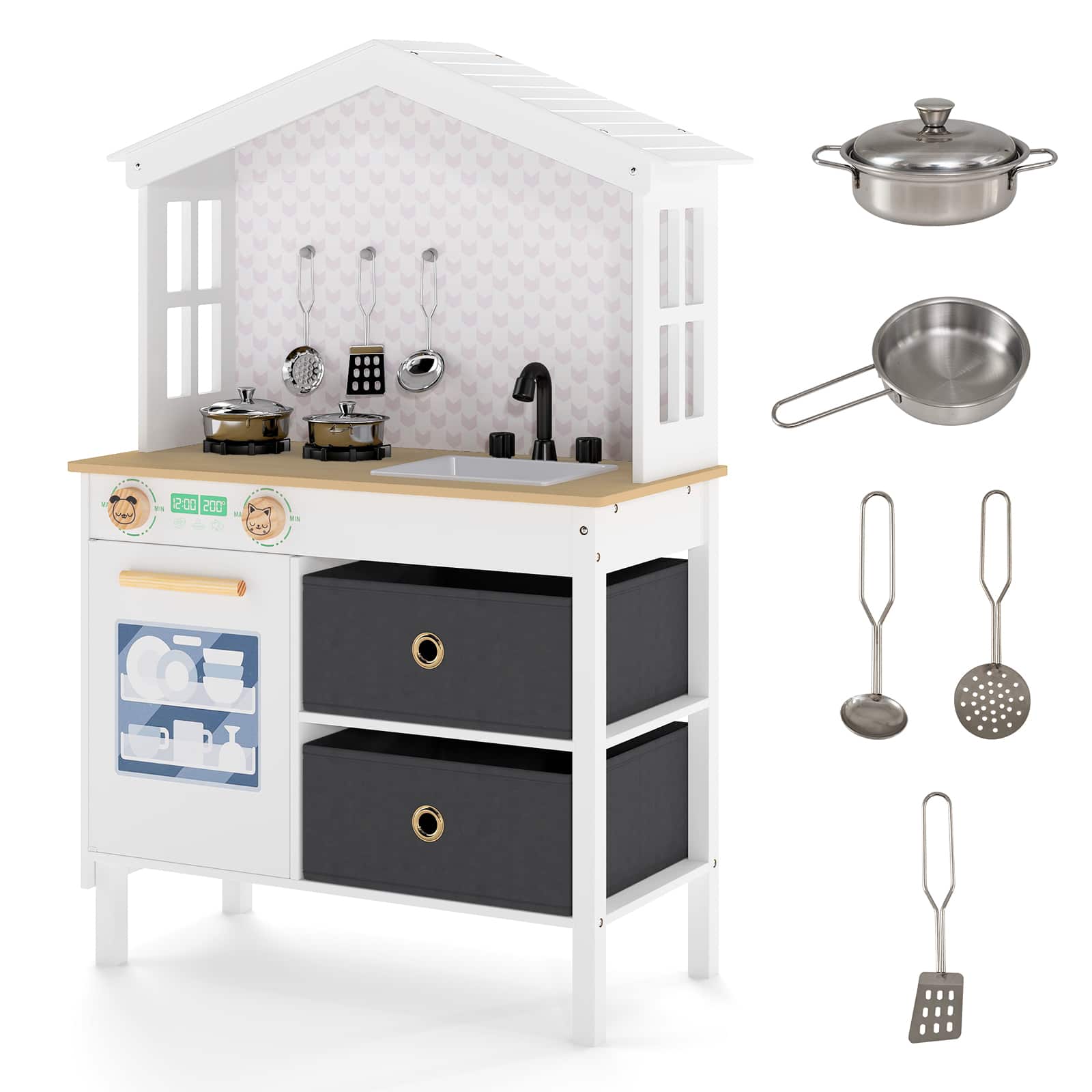 Gymax - Kids Play Kitchen w/2 Stoves Rotation Knobs Faucet Sink Dishwasher Drawers - White