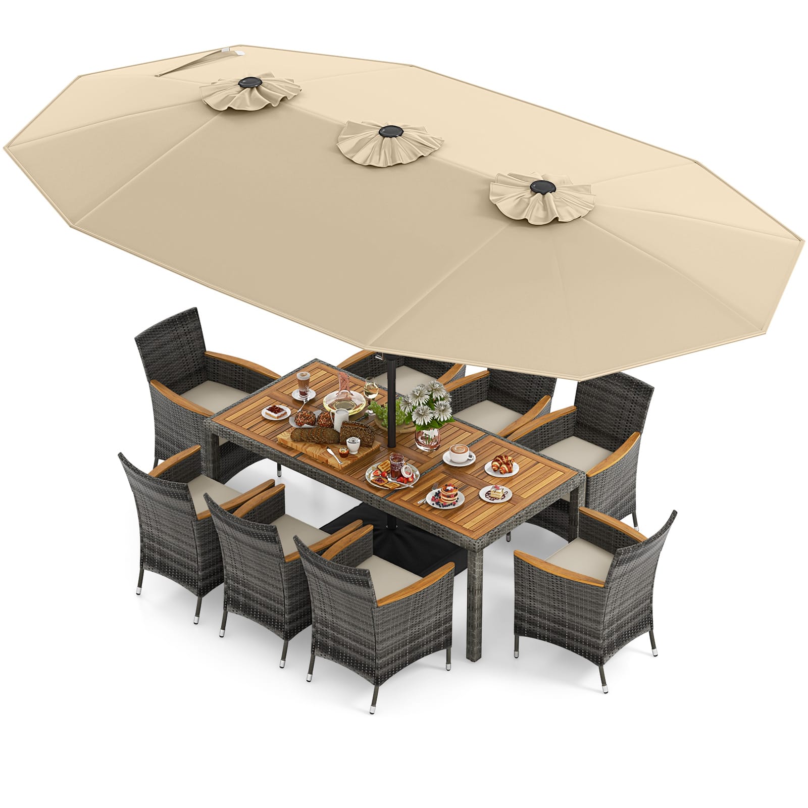 Front. Costway - 10 Pieces Patio Wicker Dining Set with Double-Sided Patio Umbrella 8 Armchairs - Beige,,Mix Brown.