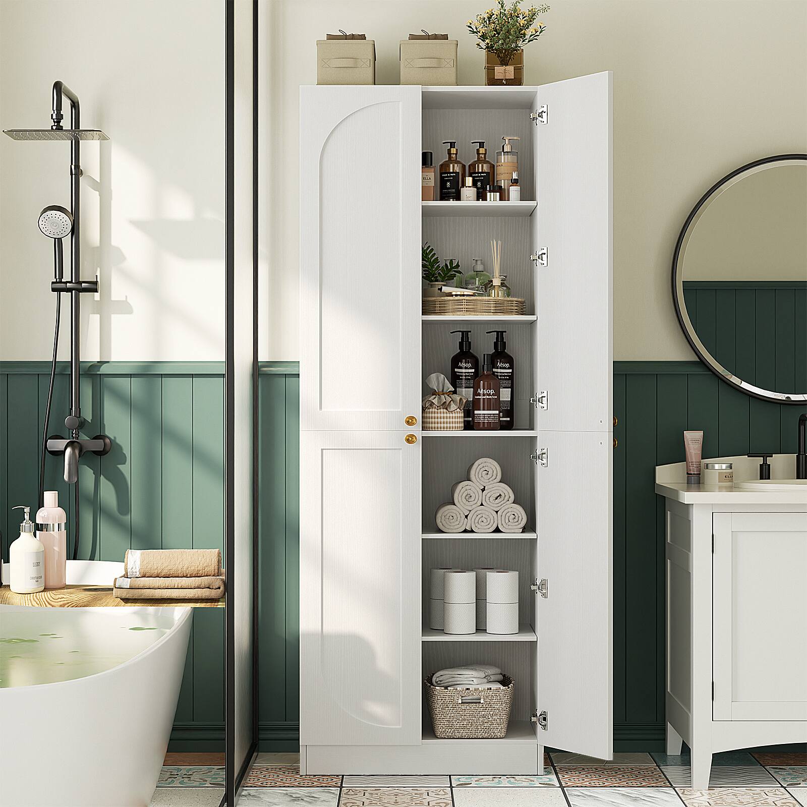 Alt View 1. Aheaplus - 80" Tall Arched Storage Cabinet: 4-Door 6-Tier Wooden Pantry w/Adjustable Shelves, Wall-Fit for Home/Office/Kitchen - White.