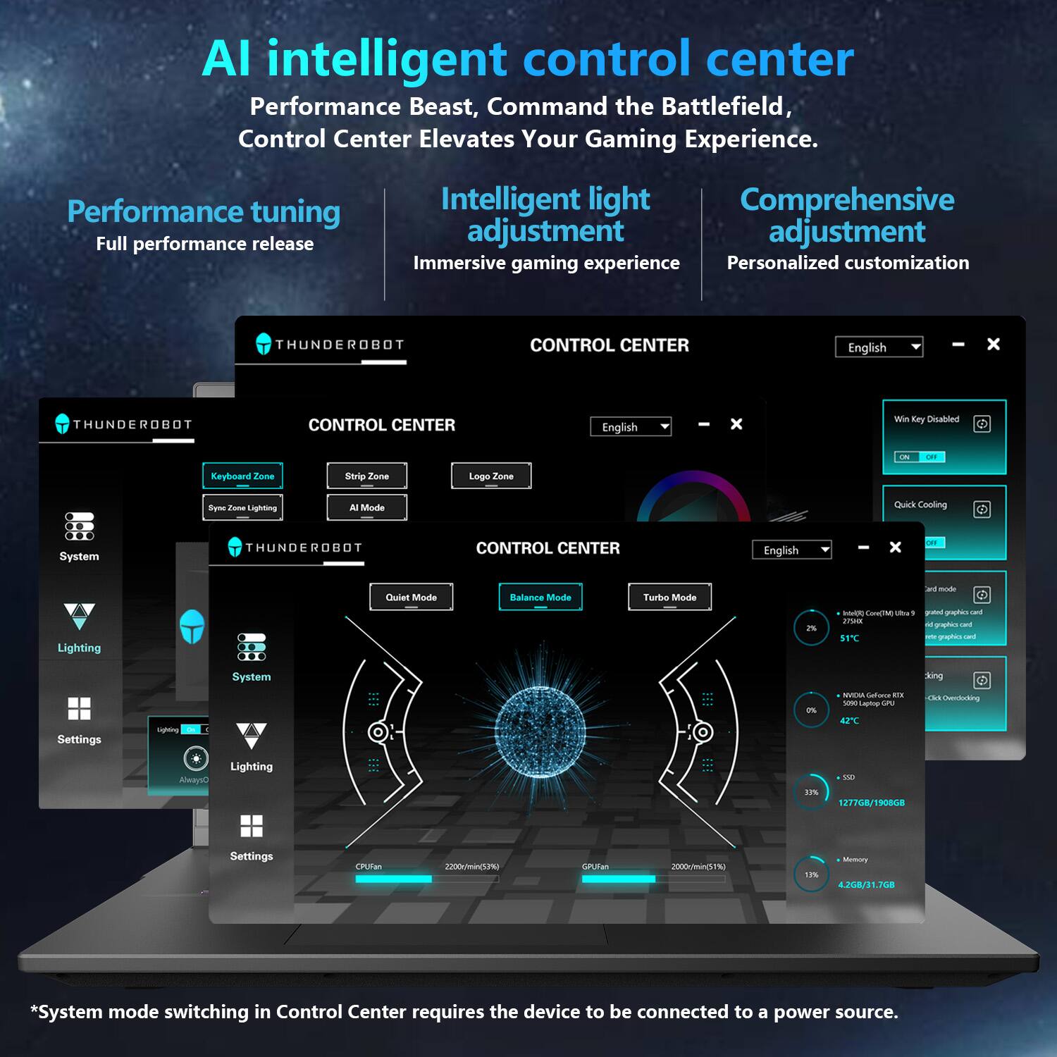 AI intelligent control center  
Performance Beast, Command the Battlefield, Control Center Elevates Your Gaming Experience.

Performance tuning  
Full performance release

Intelligent light adjustment  
Immersive gaming experience

Comprehensive adjustment  
Personalized customization

CONTROL CENTER  
English

Keyboard Zone  
Sync Zone Lighting

Strip Zone  
AI Mode

Logo Zone

Lighting  
Always On

System  
Settings

System  
Settings

Quiet Mode  
Balance Mode  
Turbo Mode

Win Key Disabled  
ON/OFF

Quick Cooling

Lighting Control Center Ultra 8  
+5°C  
$1°C

NVIDIA GeForce RTX 3060  
42°C  
42°C

3%  
+500  
1277GB/1800GB

Memory  
12%  
43GB/117GB

*System mode switching in Control Center requires the device to be connected to a power source.