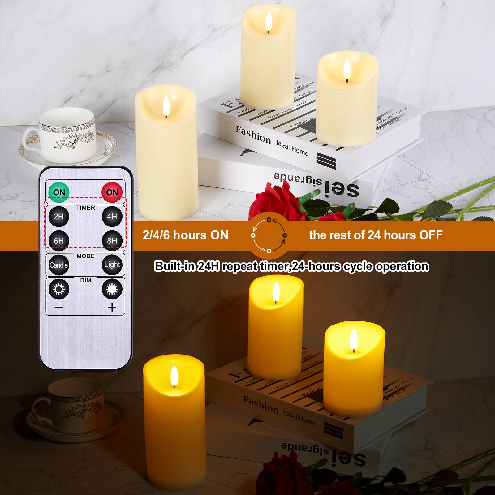 ON 2H  
TIMER  
ON 4H  
Messages Vatuge even Unica Look man slown 1% LETIMATE THE Pashion COORS CRERICAN Fashion Ideal Home sigrande sei  
6H  
8H  
2/4/6 hours ON  
the rest of 24 hours OFF  
MODE Candle Light DIM  
Built-in 24H repeat timer, 24-hours cycle operation  
-  
+  
AVARTH FA Declan Look Margilla samgles La Fashinn Fashion Ideal Home sigrande sei  
You ULTINATE TELMA