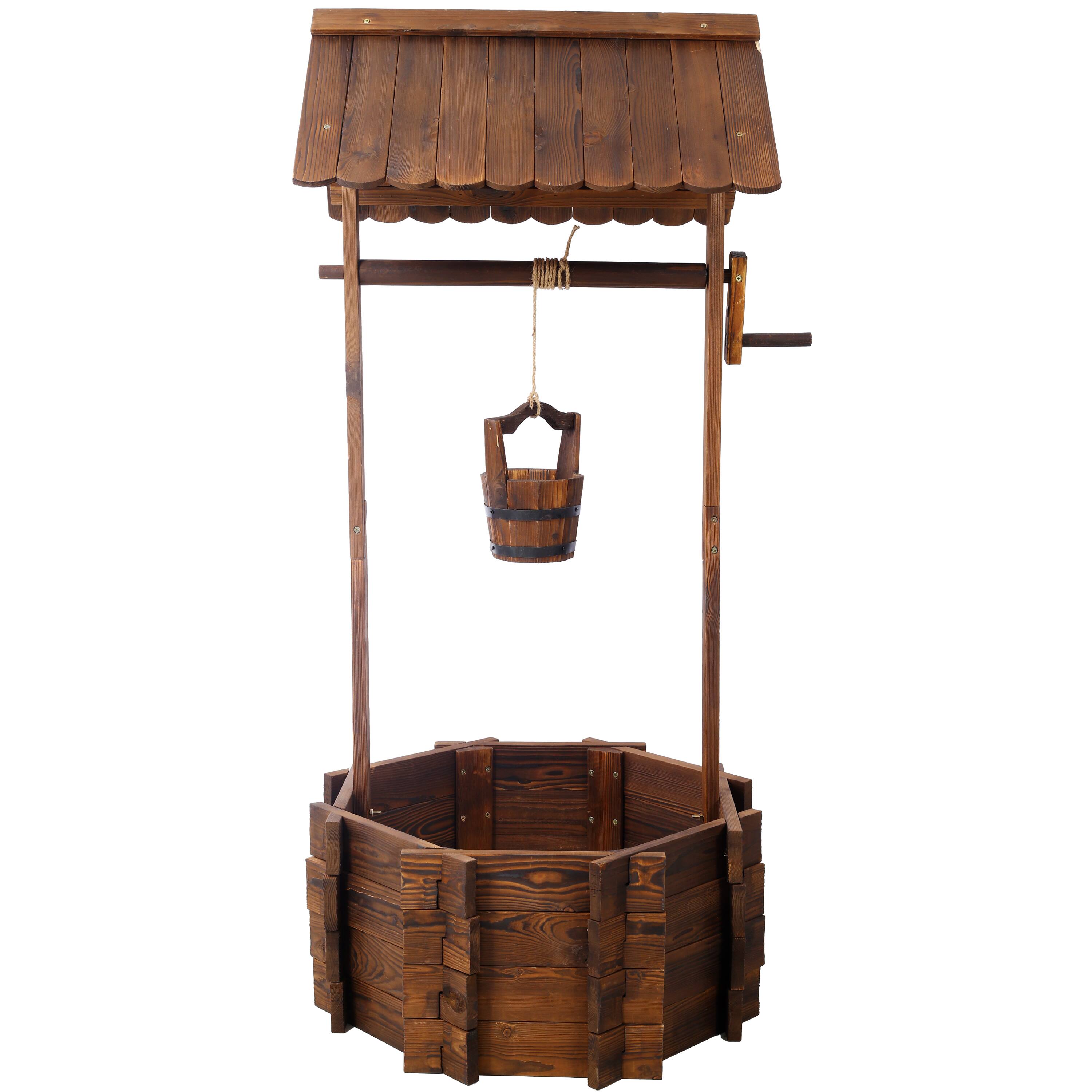 Alt View 1. GOODSILO - Rustic Wooden Wishing Well Planter for Garden and Patio Decor with Hanging Bucket and Protective Roof - Brown.