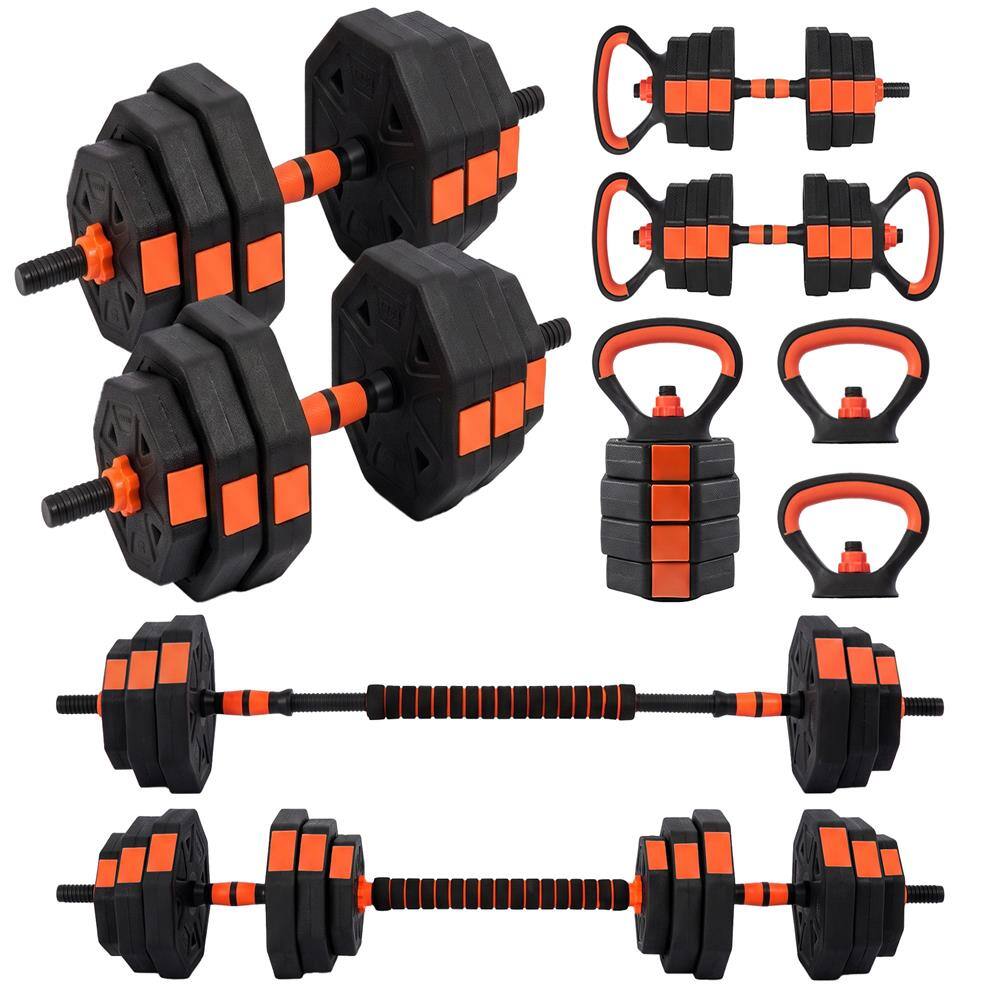 Front. SereneLife - SQUATZ 45/70/90 lb Octagon Adjustable Dumbbell Set, 4-in-1 with Kettlebell & Barbell - Red.