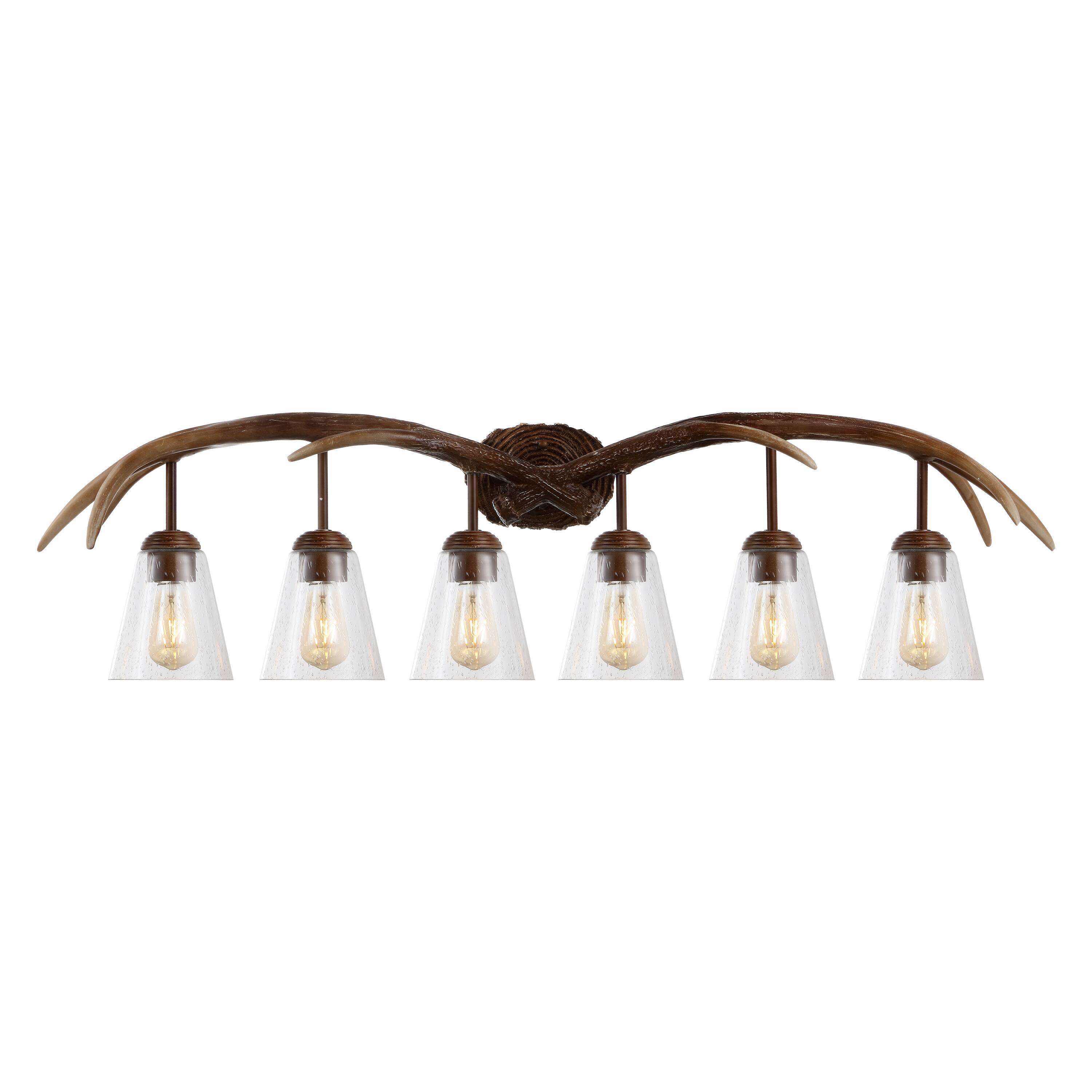 Front. Jonathan Y - Wyatt 45" 6-Light Southwestern Bohemian Resin/Seeded Glass Faux Antler LED Vanity Light, Brown Wood Finish - Brown Wood Finish.