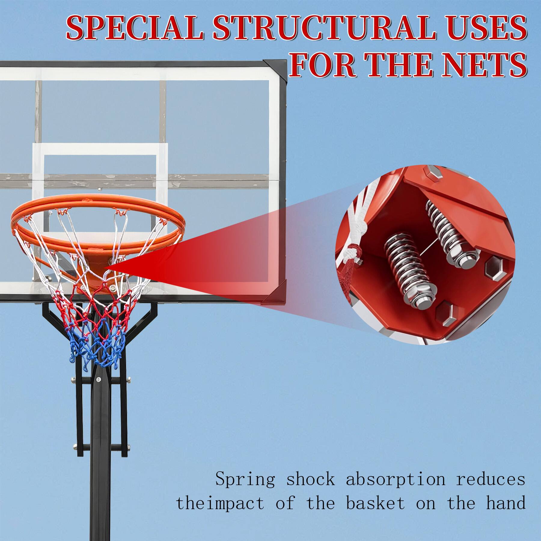 SPECIAL STRUCTURAL USES FOR THE NETS

Spring shock absorption reduces the impact of the basket on the hand