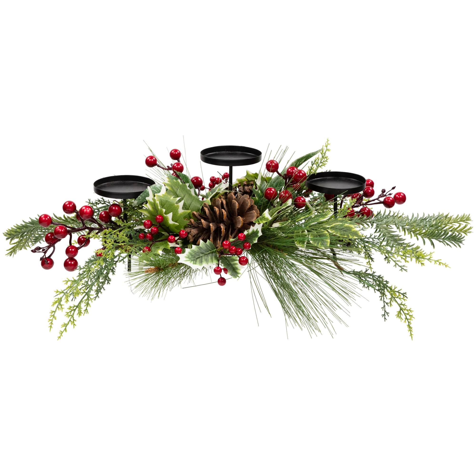 Northlight - Holly and Berries Christmas Pillar Candle Holder with Pine Cones - 28" - Green