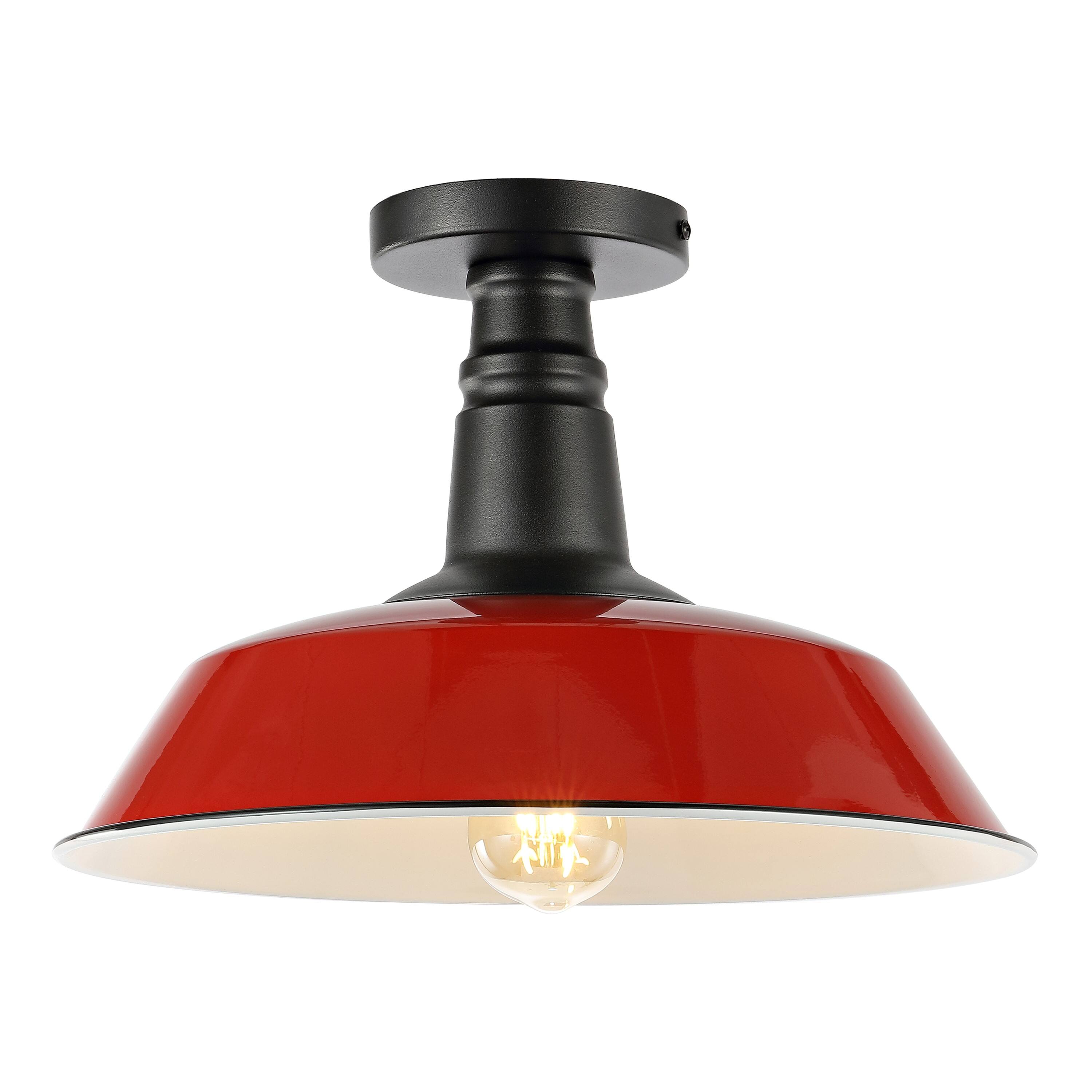 Front. Jonathan Y - Camila 14" 1-Light Classic Industrial Indoor/Outdoor Iron LED Semi Flush Mount, Red/White - Red/Black.