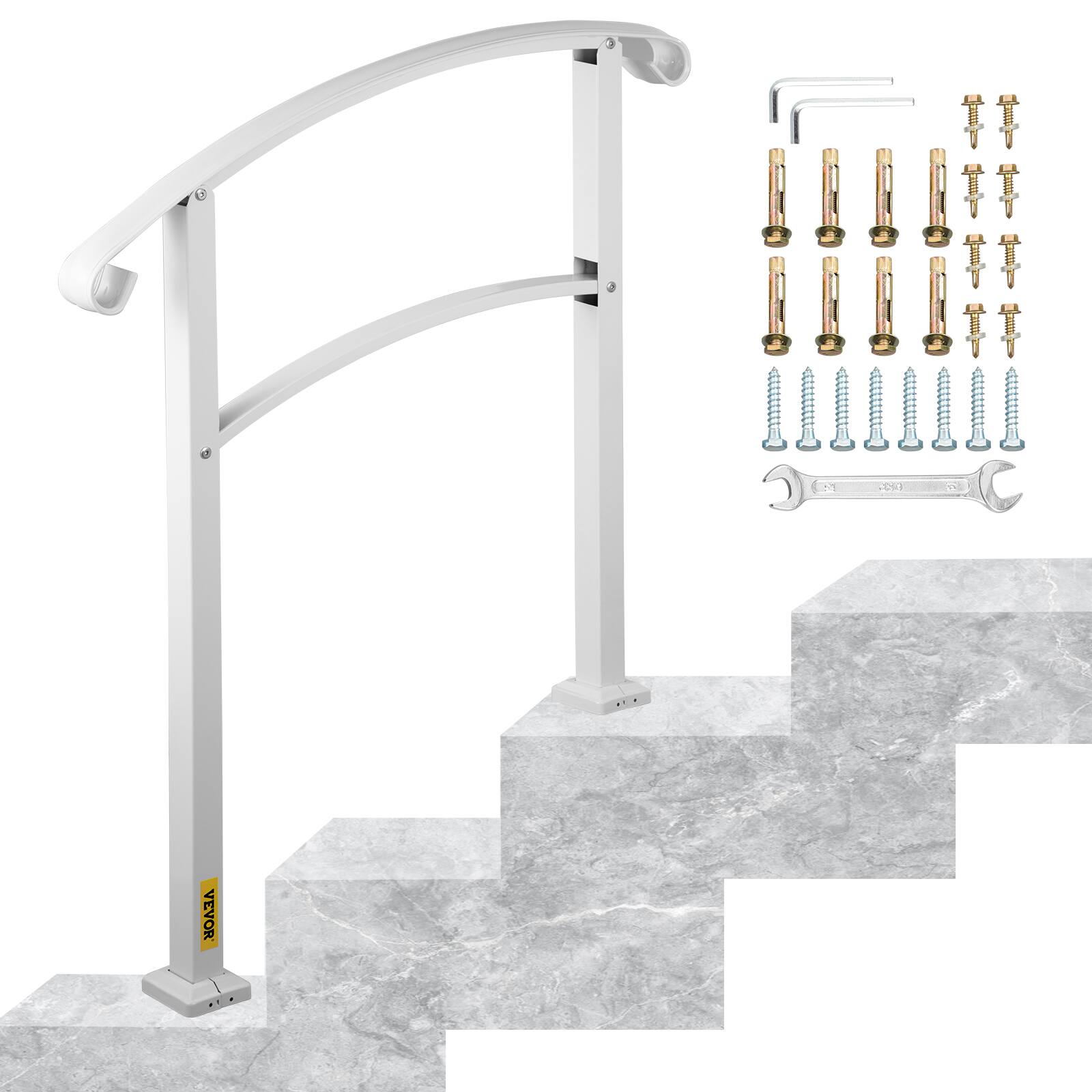 Front. VEVOR - 3-Step Handrails for Outdoor Steps Fits 1 or 3 Steps Wrought Iron Handrail with Installation Kit Hand Rails - White.