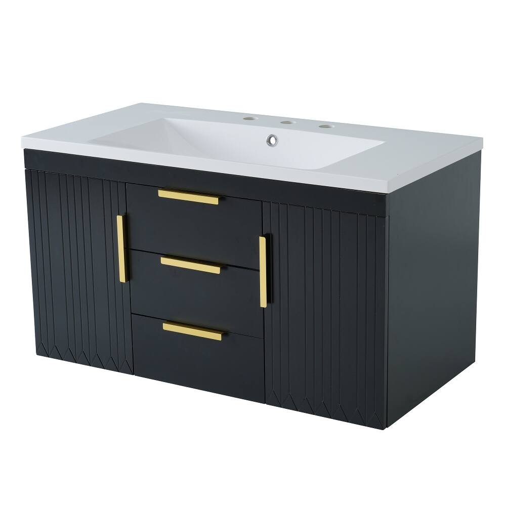 Alt View 6. Loheer - Loheer 36 inch Wall Mounted Bathroom Vanity Black Floating Bathroom Vanity with Resin Sink and 2 Drawers - Black.