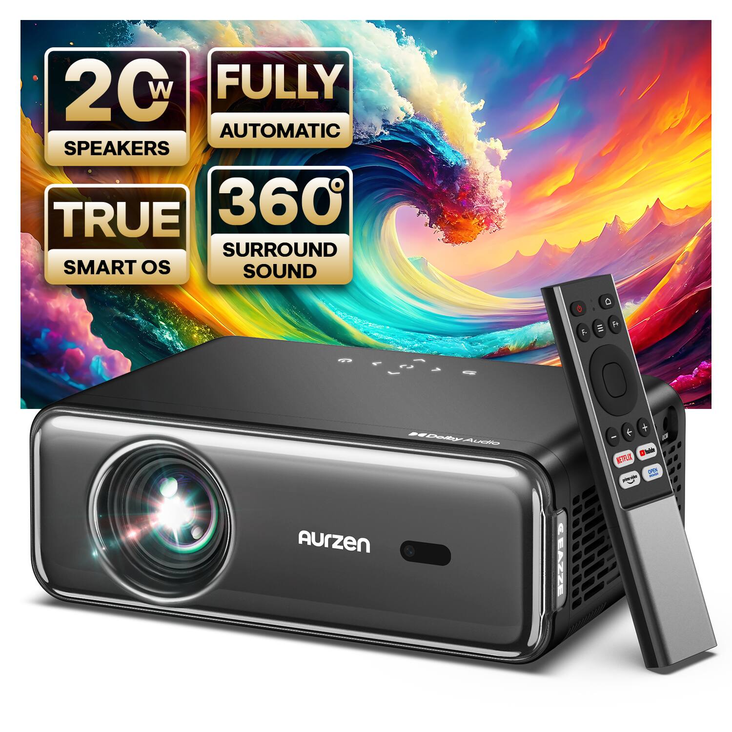 Aurzen - Smart Native 1080P WiFi Projector, 20W Speakers, Auto Focus Keystone, DoIby Audio & dbx-tv Total Sonics - Dark Gray