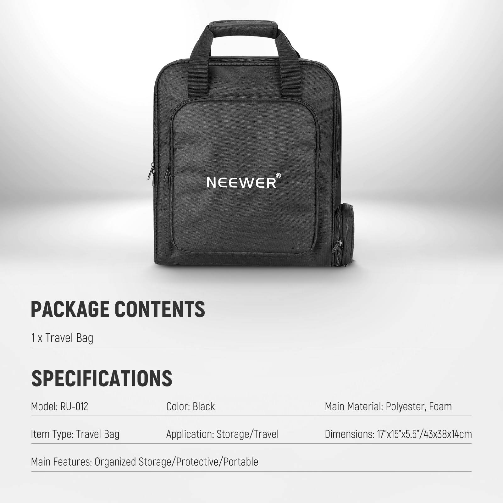 **PACKAGE CONTENTS**

1 x Travel Bag

**SPECIFICATIONS**

- Model: RU-012
- Color: Black
- Main Material: Polyester, Foam
- Item Type: Travel Bag
- Application: Storage/Travel
- Dimensions: 17"x15"x5.5"/43x38x14cm
- Main Features: Organized Storage/Protective/Portable