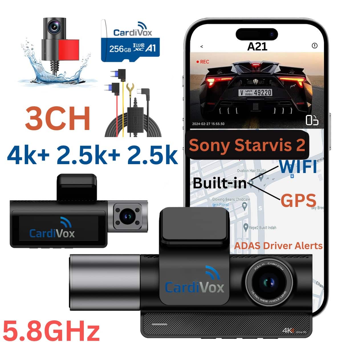 CardiVox - A21 3 Channel Dash Cam 4K+2.5K+2.5K Sony STARVIS 2 GPS WiFi ADAS 256GB
