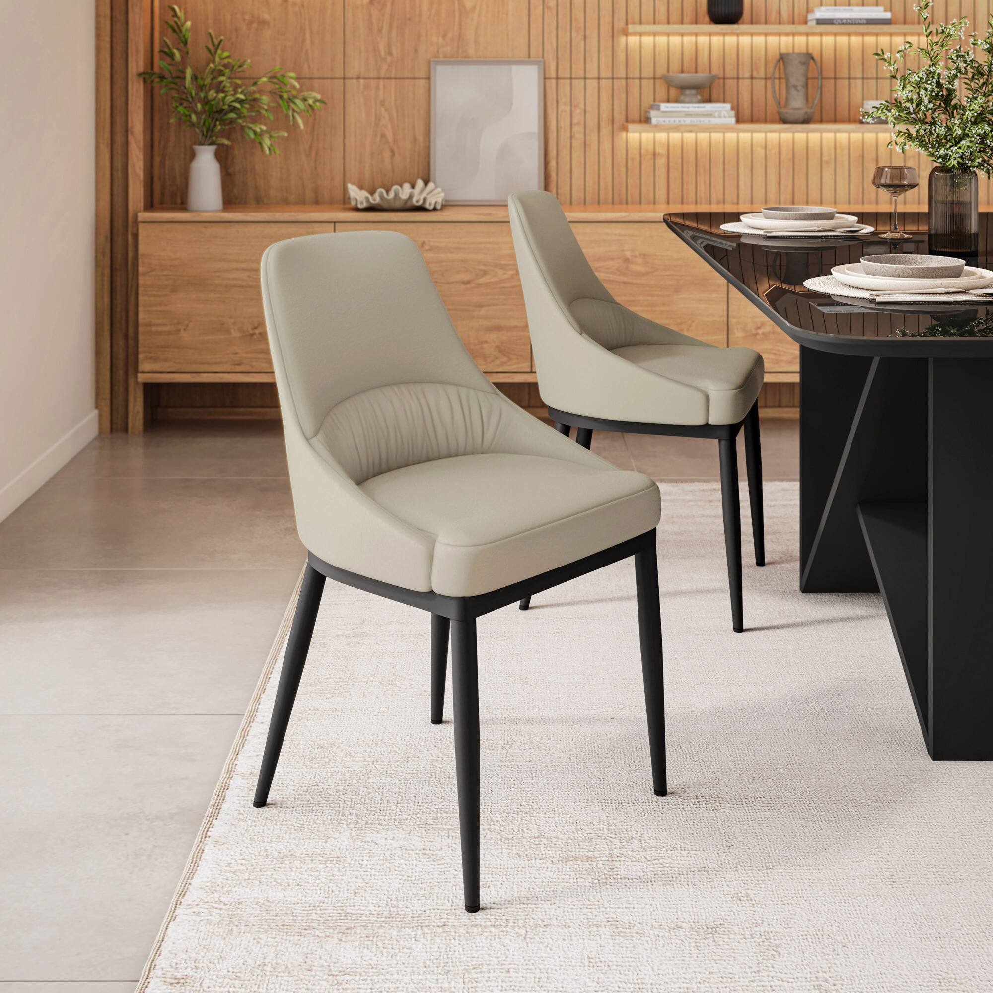 Front. GOODSILO - Contemporary Armless Dining Chair with Taupe Upholstery and Sleek Black Metal Legs, Set of 2 - Black+Taupe.