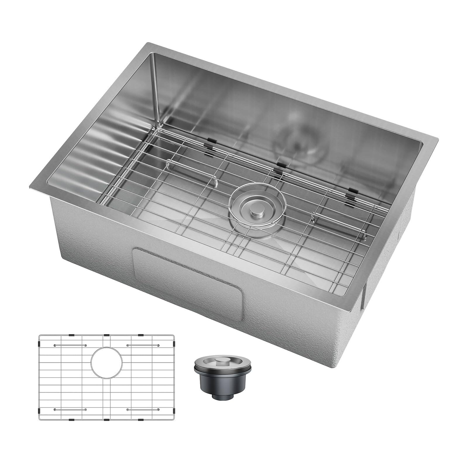 Alt View 3. GARVEE - 27 x 19 x 10 Inch Undermount Kitchen Sink, Stainless Steel Single Bowl w/Bottom Grid & Drain Kit(No Faucet) - Silver.