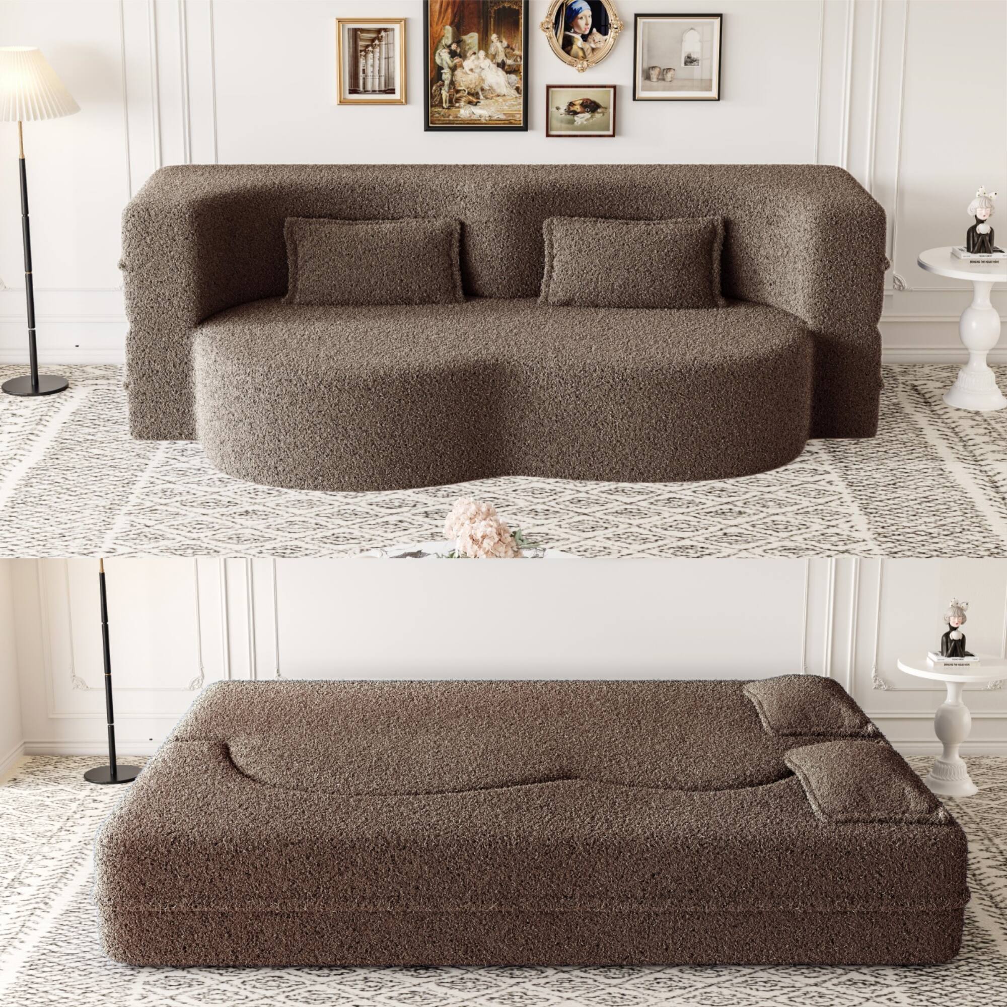 Back. Anysun - Modern Floor Sofa with 2 Pillows - Convertible Teddy Fabric Sleeper Bed, 15" Full Size Mattress, No Assembly Required - Brown.