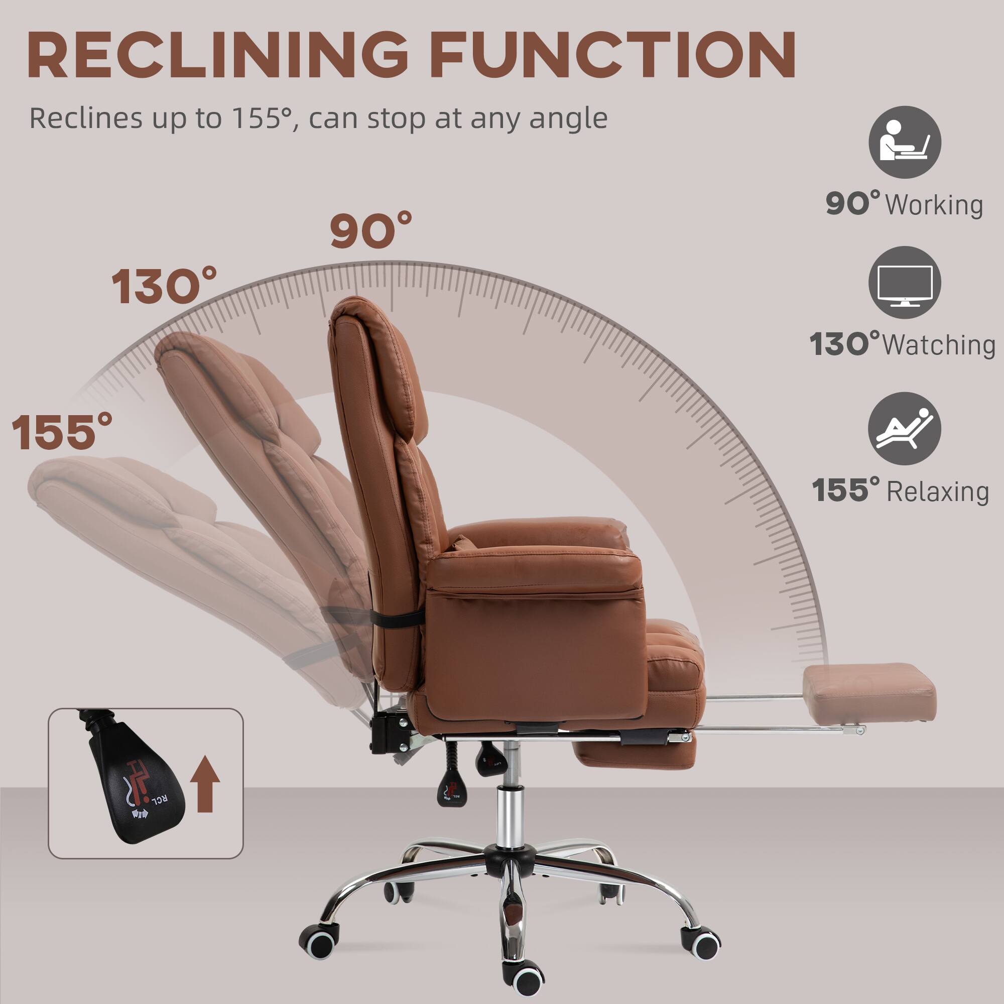 RECLINING FUNCTION  
Reclines up to 155°, can stop at any angle  

90° Working  
130° Watching  
155° Relaxing