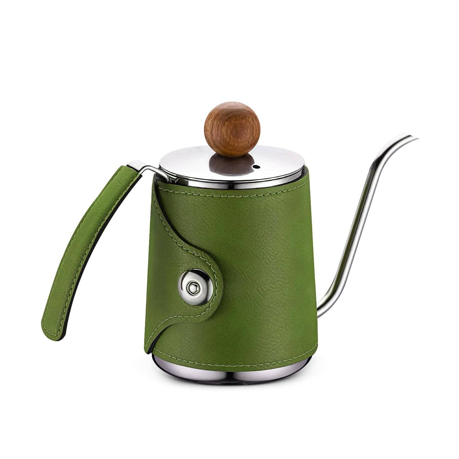 Dapper Styles - Art Pour-over Coffee Kettle - Magnetic Leather Sleeve 304 Stainless Steel Gooseneck Precision Brewing Desig - Meadow Green