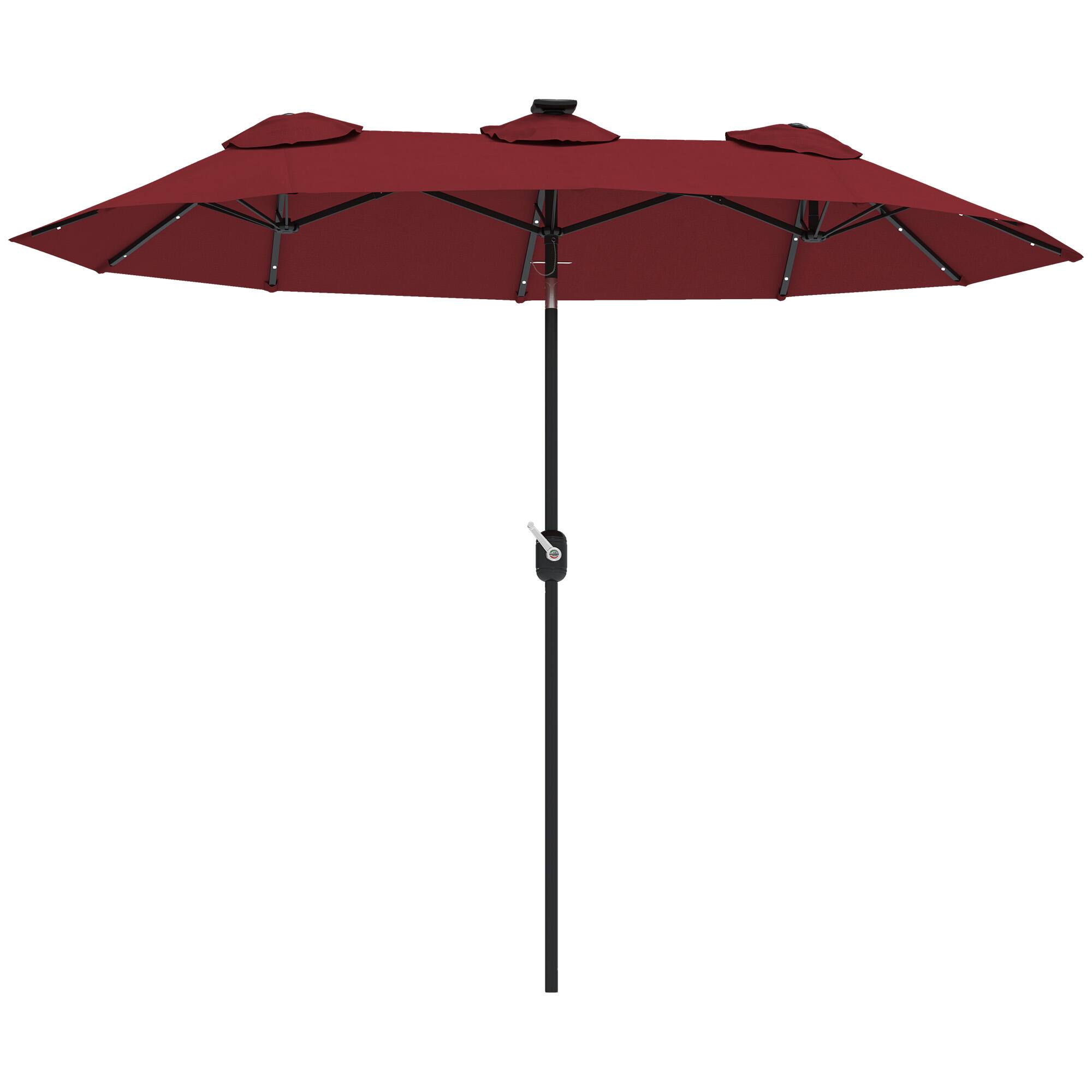 Outsunny - Double Sided Patio Umbrella, 9.7' Large Outdoor Market Umbrella with LED Solar Light, Tilt and Crank, 3 Air Vents - Wine Red